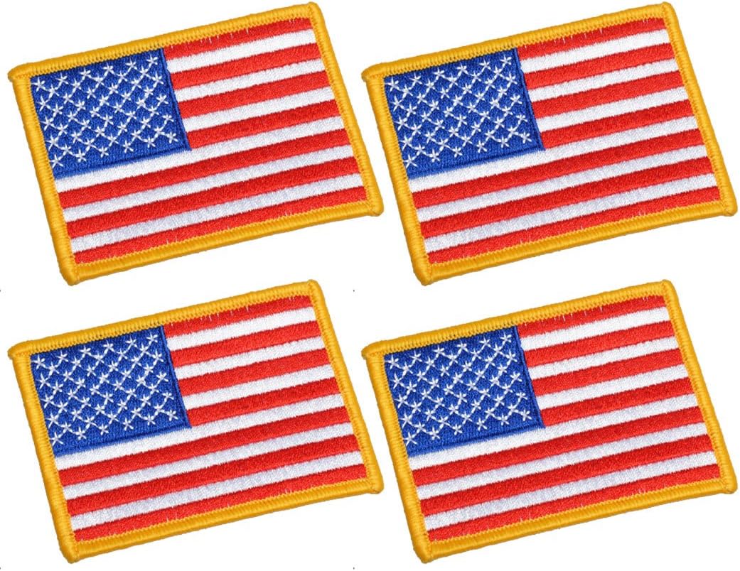 UNIS 4 Pack, 3.5 X 2.5. Inch Large Size American US Flag Embroidered Cloth Sew on Iron on Patch Golden Yellow Border.