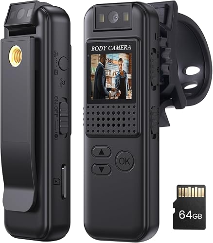 Mini cámara corporal K1 64G, 1080P HD Body Worn Cam portátil con lente giratoria, cámara montada en el cuerpo de 180 con LED, grabación de video de