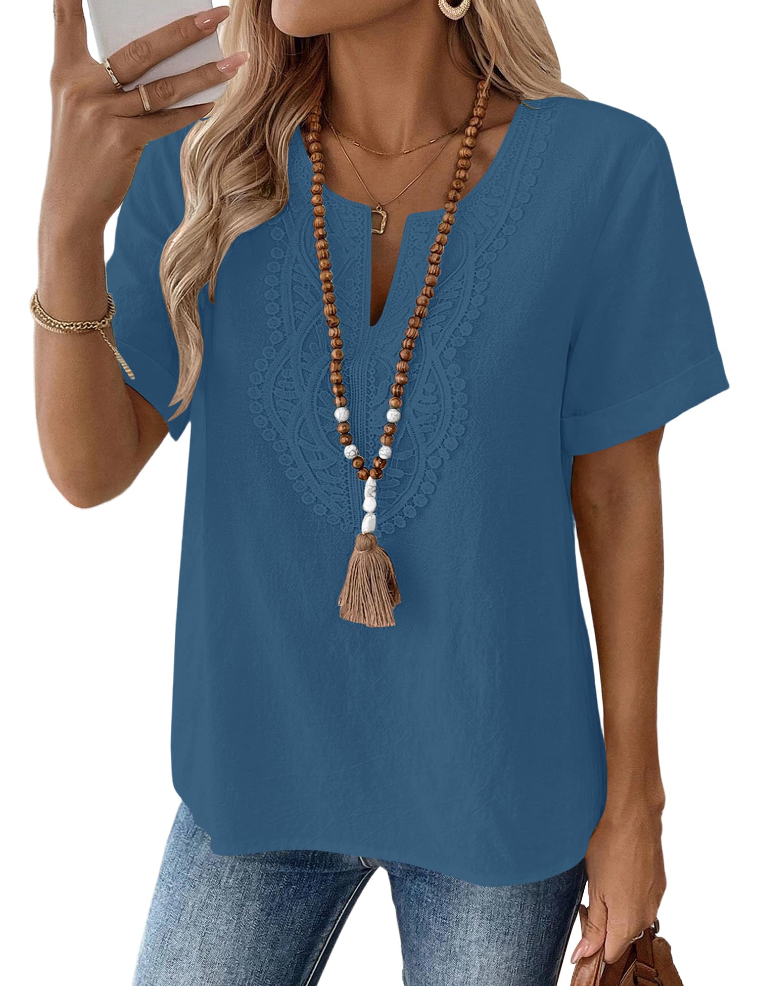 Rapbin Bluse Damen Kurzarm Baumwolle Leinen V-Ausschnitt Oberteil Locker Lässiges Sommer Tops Spitze Elegant Tunika Blusen