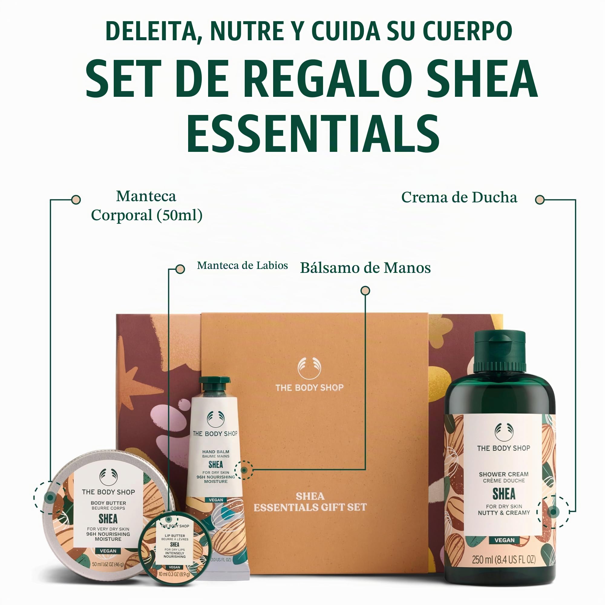 The Body Shop Shea Essentials - Juego de regalo (crema de ducha de 250 ml + mantequilla corporal de 50 ml + mantequilla de labios de 10 ml + bálsamo de manos de 30 ml), colección nutritiva de manteca
