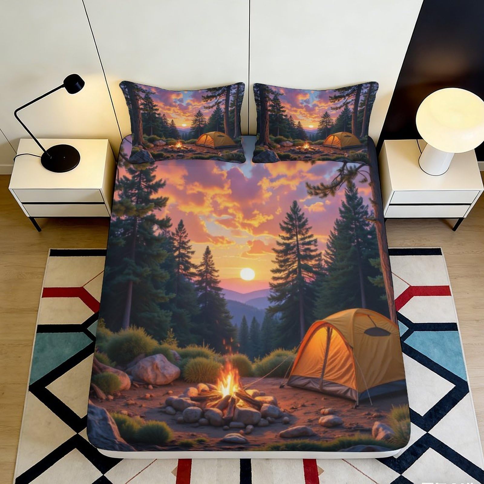 3D Printed Sunset Camping Fitted Sheet Microfiber Soft Breathable Forest Fire Mattress Cover for Bedroom Dormitory Guest Room Protection Decor 200x200x25cm