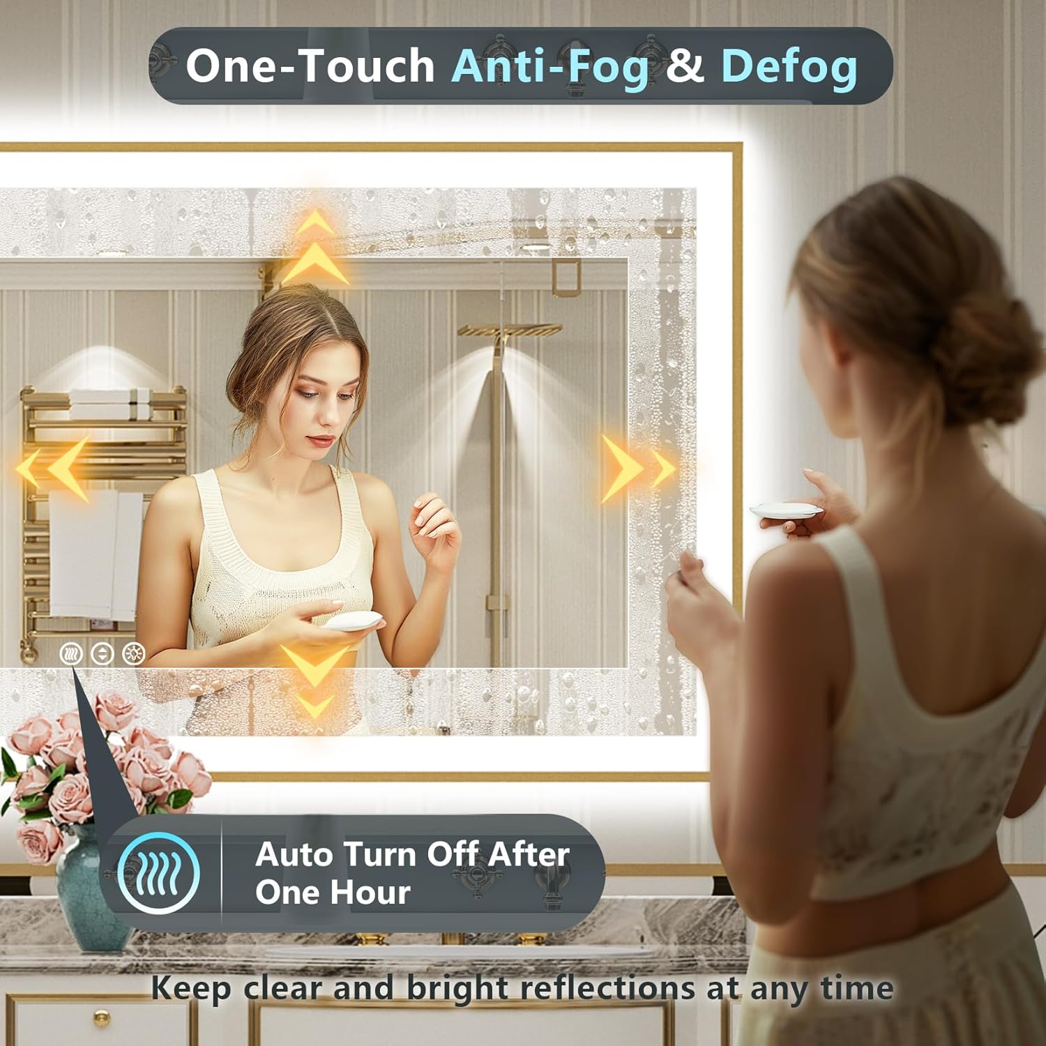 77x36 Gold LED Bathroom Mirror with Lights, Brushed Gold Framed Backlit and Front Lit Anti-Fog Lighted Vanity Mirrors for Bathroom Wall, Dimmable, 3 Colors, Memory, HD Tempered Glass, CRI＞90