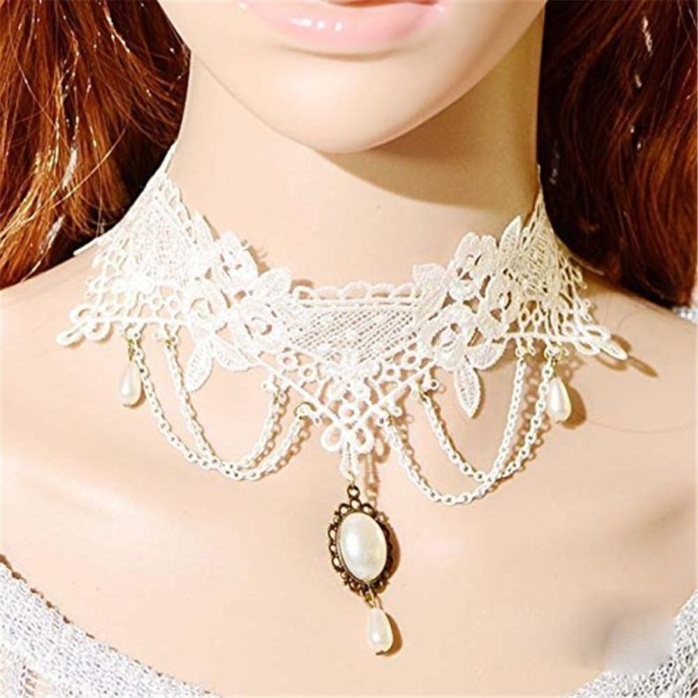Naisicantar Vintage Women White Lace Pearl Pendant Collar Chain Necklace Choker for Wedding