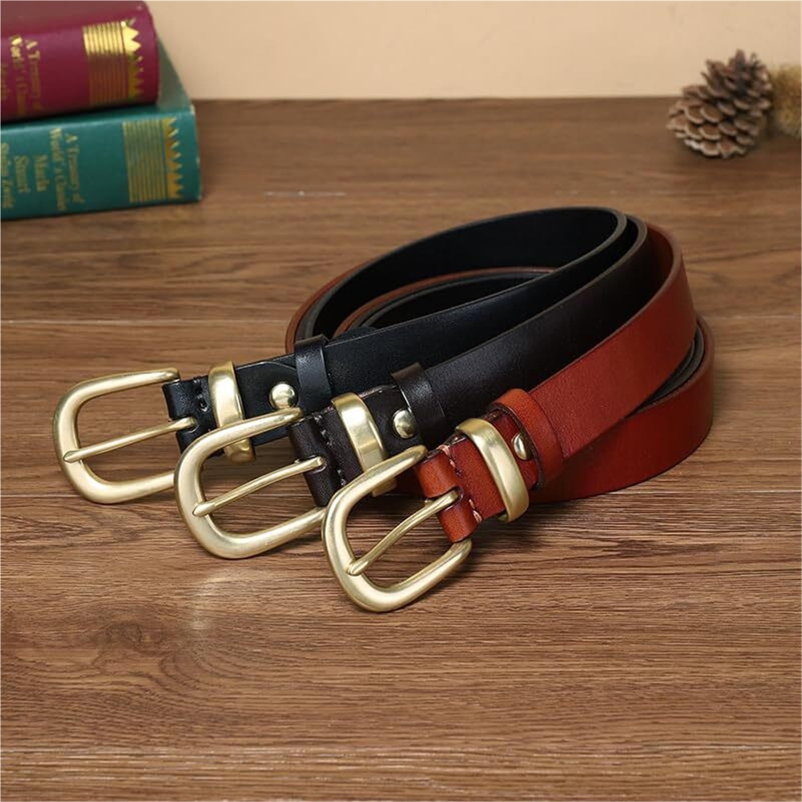 Cinturón Fino De Piel Vacuno For Mujer, 2,8 Cm Ancho, Con Hebilla Dorada Moda For Vaqueros Y Vestidos, 4 Mm Grosor