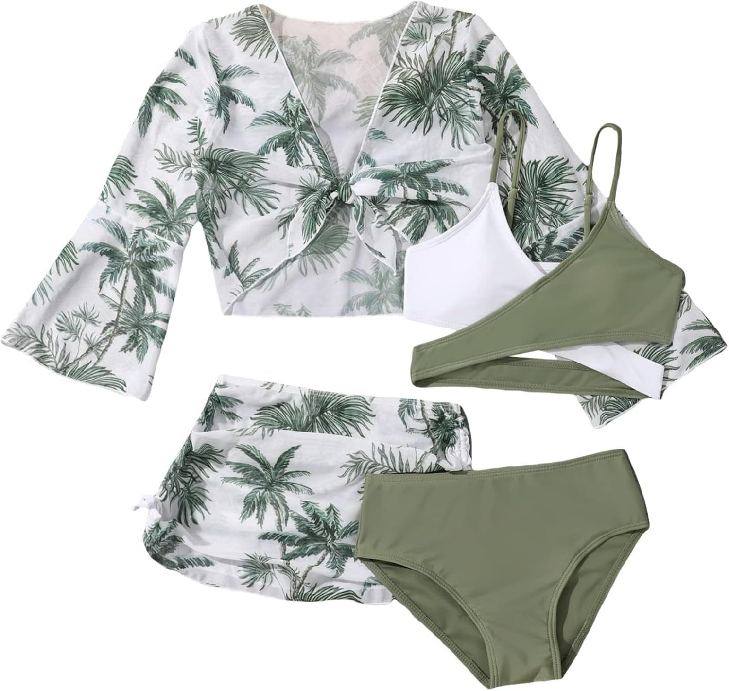 Girls Bikini Set Swimsuit Four Piece Quick Dry Cute Girls Bathing Suits Long Sleeve Print Pool Beach Sporty Cozy Swimwear