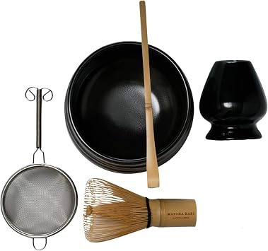 Dr. Weil Matcha Kari - Lite Matcha Tea Set - Black - Whisk with Holder, Scoop, Sifter, and Ceramic Bowl