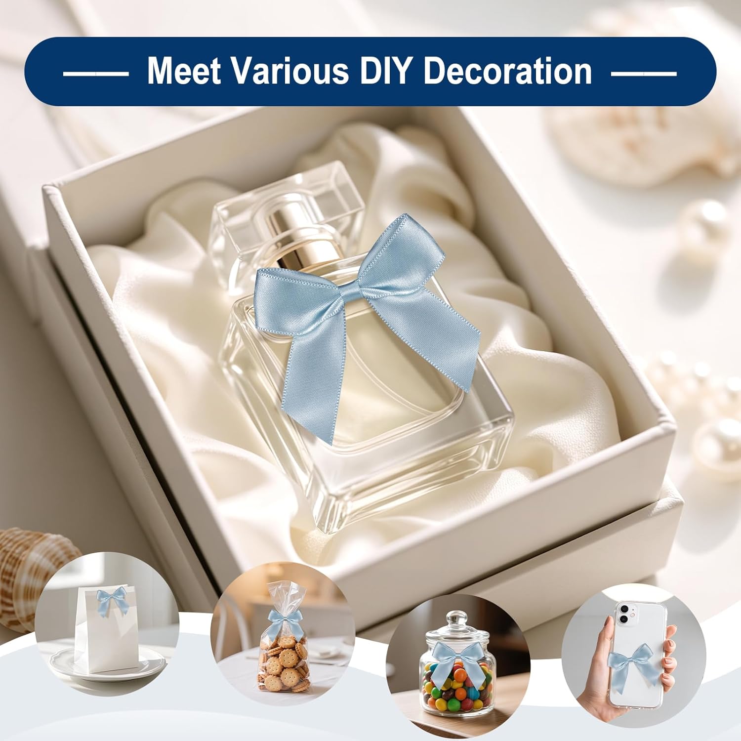 Satin Ribbon Dusty Blue Bow Decor 2" Self Adhesive Premade Bows for Gift Wrapping Dusty Blue Mini Bow for Treat Bags Party Favors Wedding Decorations - 50 Counts - Image 6