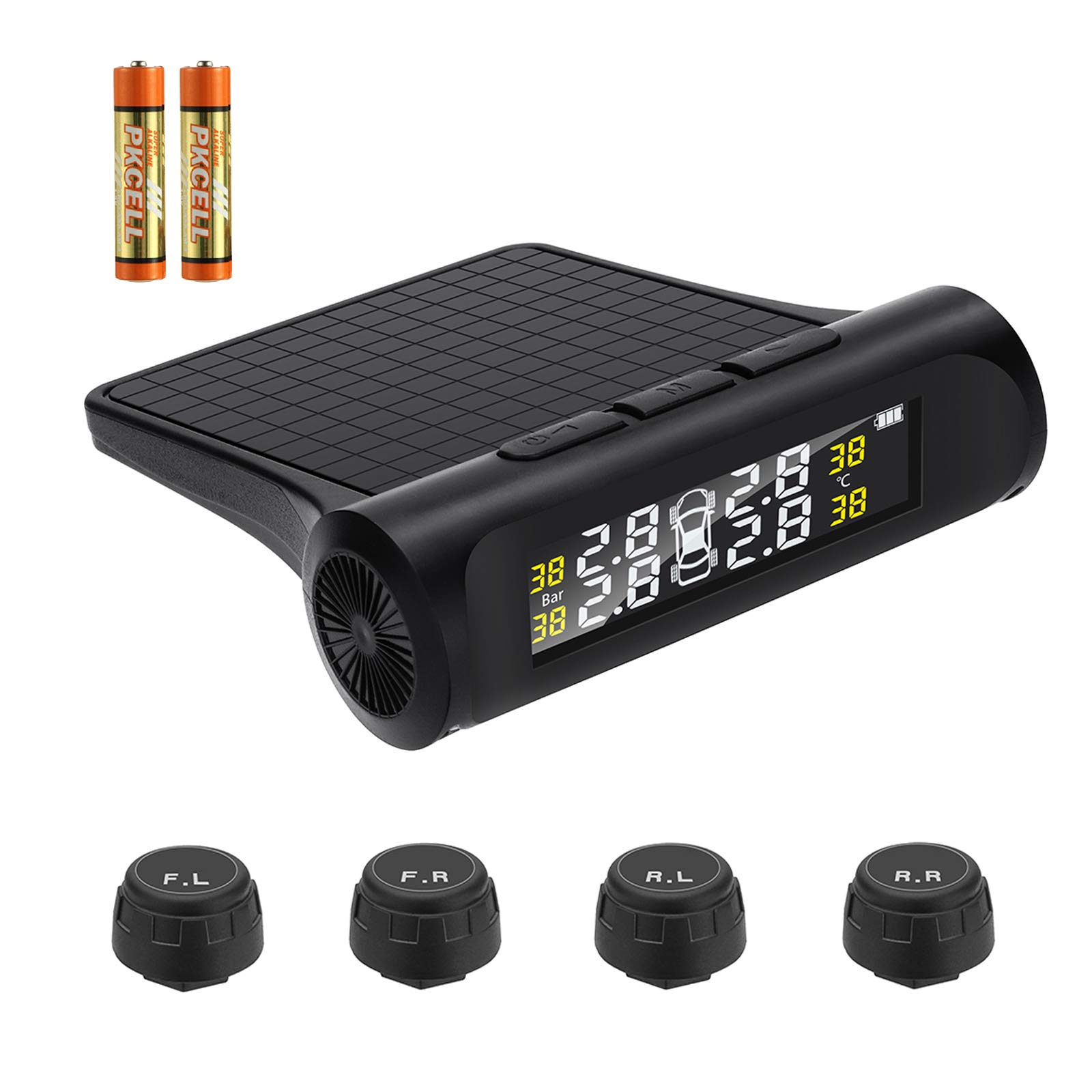 3T6B TPMS 4 Tire Pressure Monitoring System Solar Power Wireless Double Dry Battery Smart Tire Safety Monitor with External Cap Sensors Real Time Pressure & Temperature Alerts(Batteries not Included)