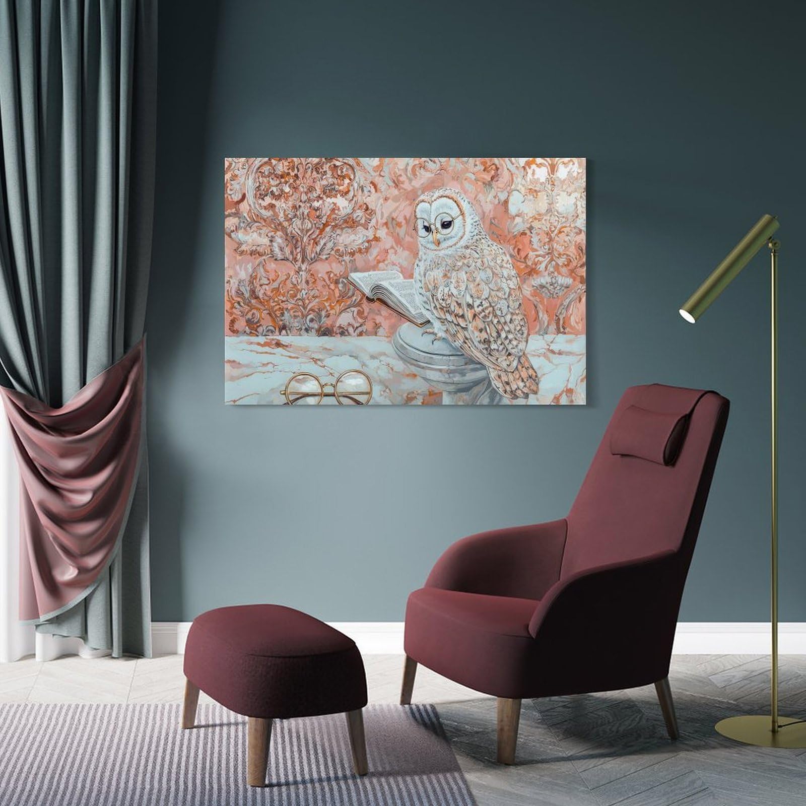 Junmoney Frame-Style-8-2 Wall Art Print Owl Reading A Book, 20X30inch(50X75cm), For Home Lounge, Bedroom Or Reading Nook, Modern Wall Decor For Cosy Interiors