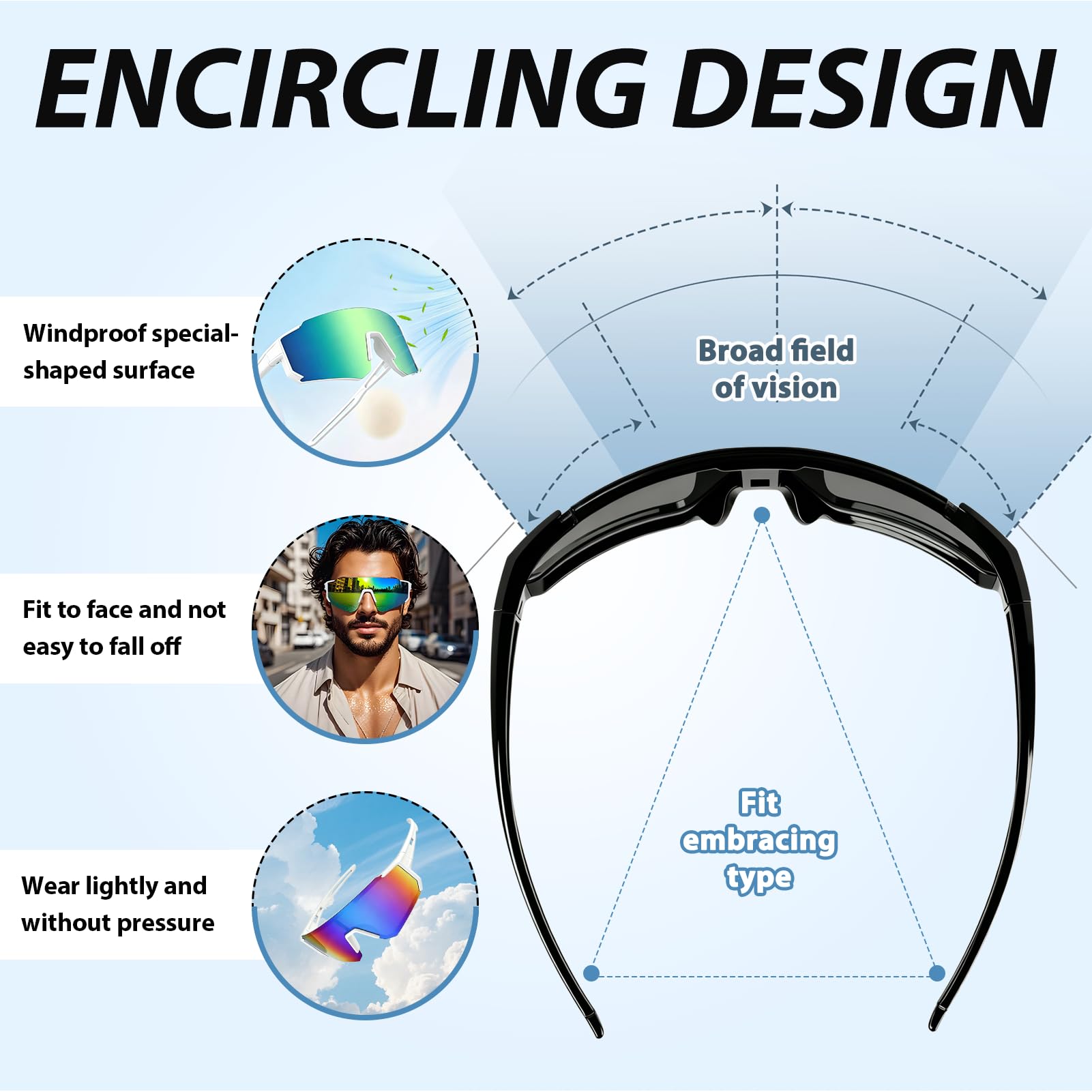 Lot de 3 Lunettes de Vélo Non Polarisées Sport Homme Femme, Lunettes de Soleil Running UV400 Protection Anti-UV, Accessoire Cyclisme pour Course à Pied Triathlon Moto Golf Plein Air