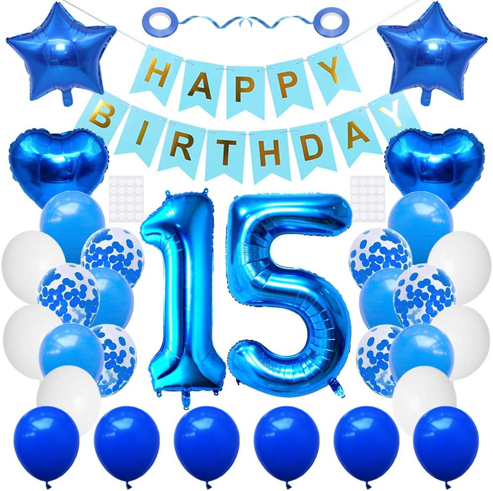 Huture 15 Birthday Party Supplies Blue Number 15 Foil Balloon Happy Birthday Banner Kit 15th Birthday Decoration White Blue Latex Confetti Balloon Foil Star Balloon Great Gift for Girls Boys Birthday