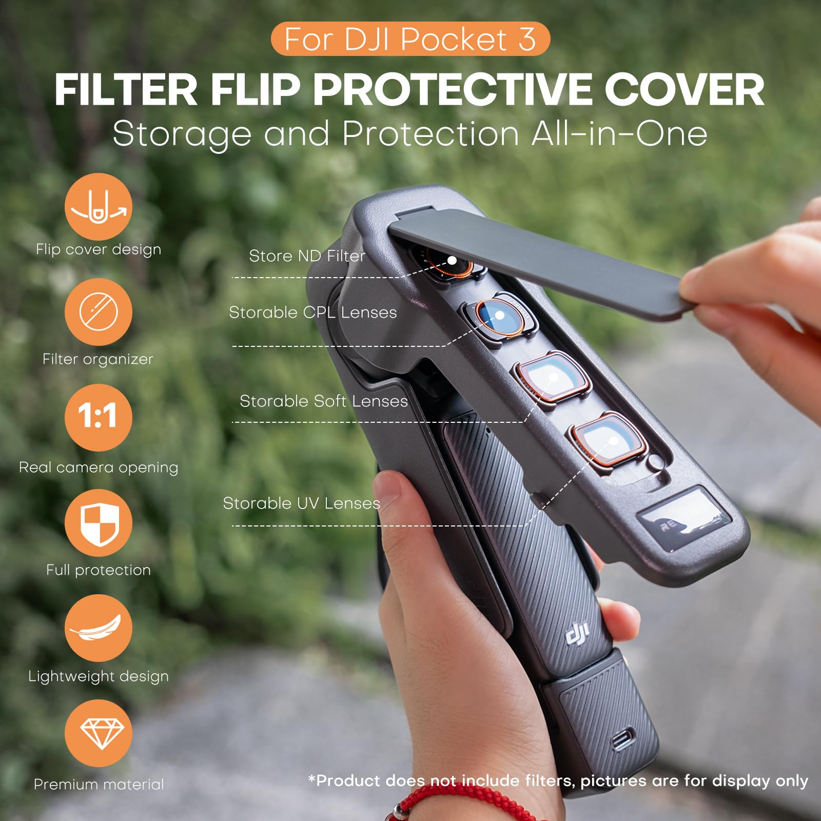 REYGEAK Pocket 3 Custodia protettiva per obiettivo, design speciale, protezione completa per DJI Pocket 3 accessori, si possono registrare quattro filtri contemporaneamente. Corda regalo a mano