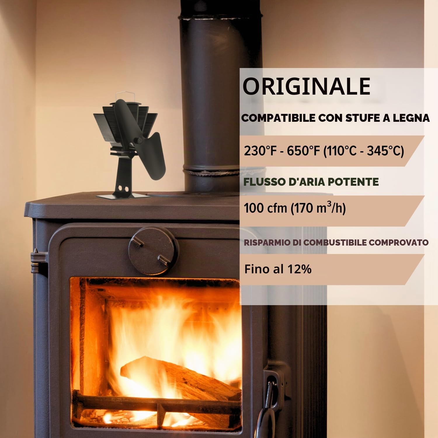 Ecofan 800CAXBX - Ventola per stufa a legna alimentata a calore, colore: nero, bilingue