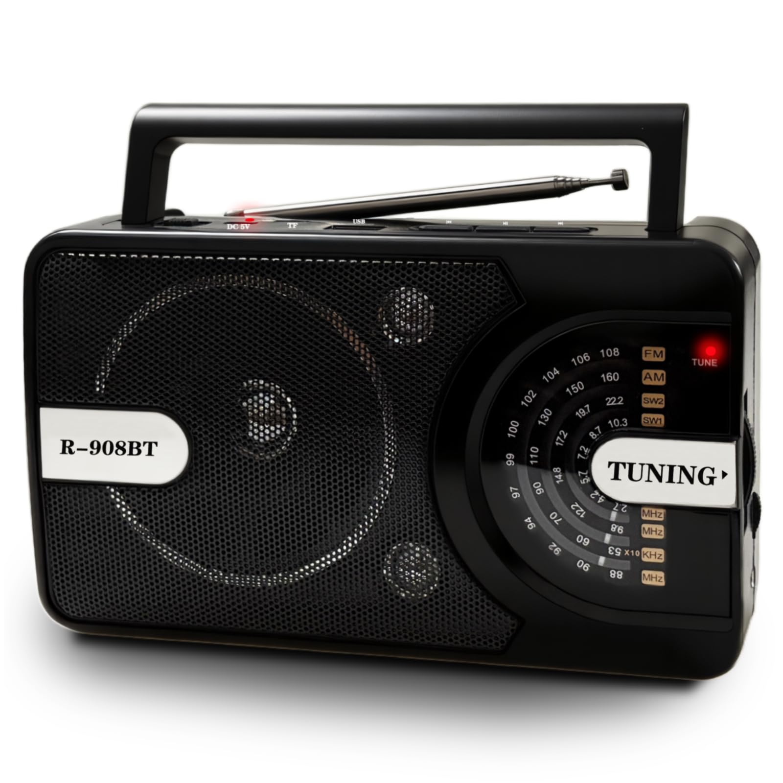 Radio Portatile con Bluetooth/USB/TF, AM/FM/SW1-2 Radiolina Portatile Ricaricabile con Batteria Ricaricabile 1200mAh & Antenna 360° e Maniglia – Ideale per Camping, Viaggio, Casa
