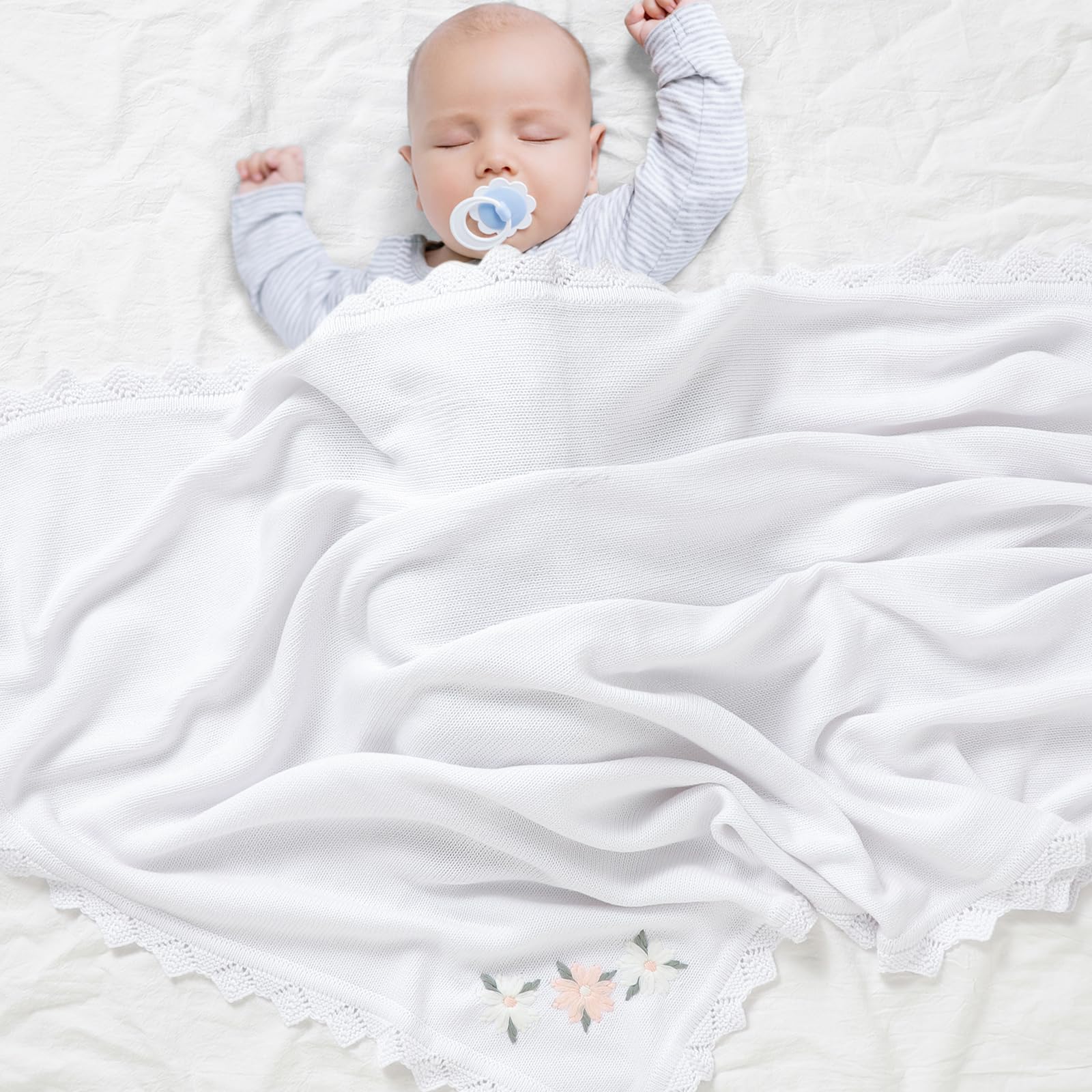 LAWKUL Baby Blanket 100% Traceable Cotton Knit Receiving Blankets Soft Swaddle for Newbron Boy Girls 100X80cm (White Floral) - Image 2