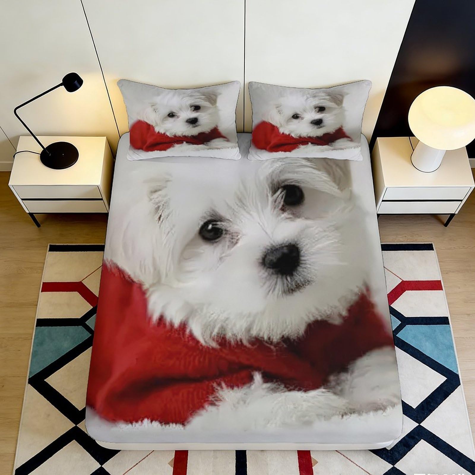 Cute Puppy 3D Printed Microfiber Fitted Sheet Non-Slip Deep Pocket Bedding for Bedroom Pet Mattress Fitted Cover Full Wrap 200x200x25cm