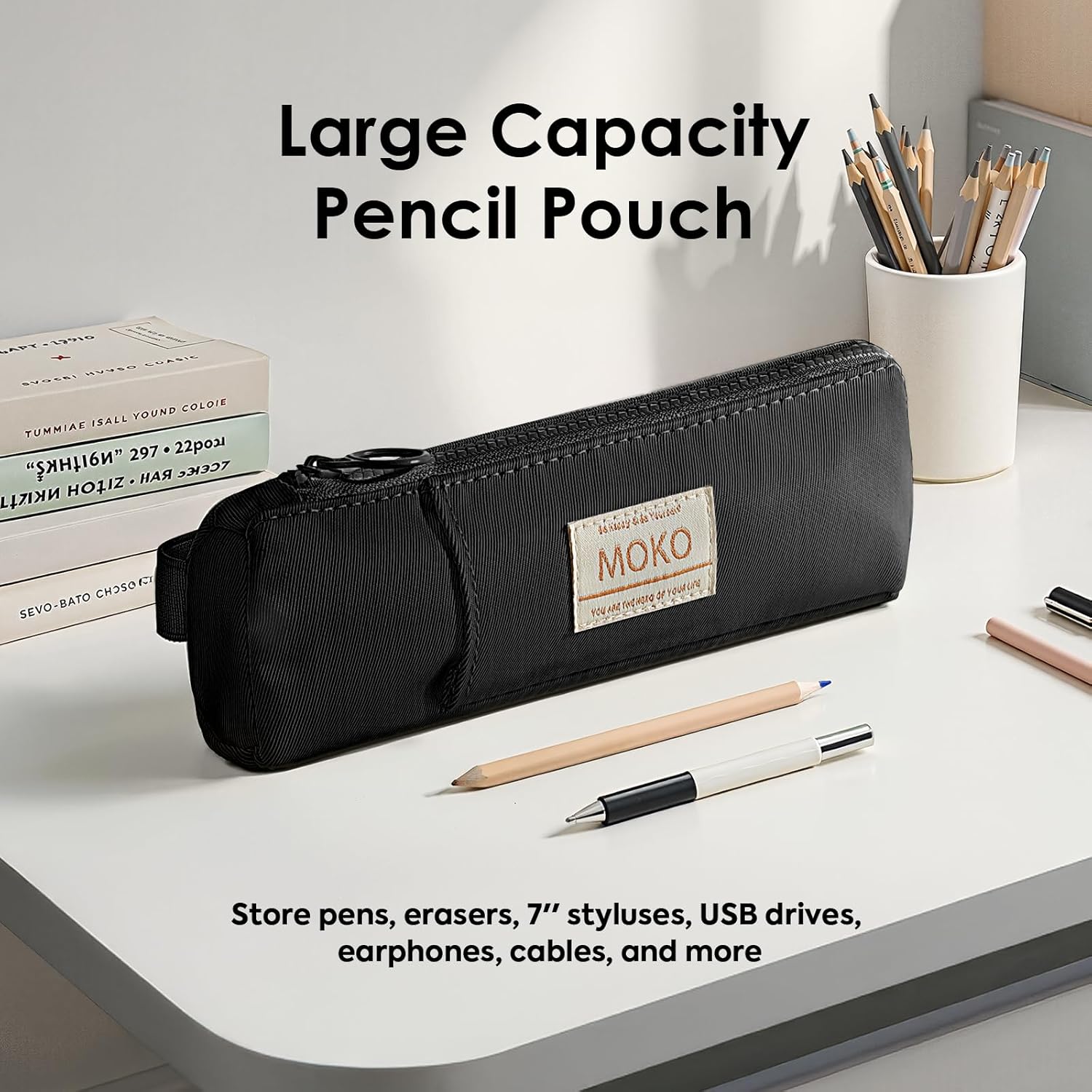 MoKo Pen Holder for Notebook, Pencil Pouch with Adjustable Elastic Band, Slim Portable Zipper Pen Pouch Holder for Planners, Journals, Book, Black