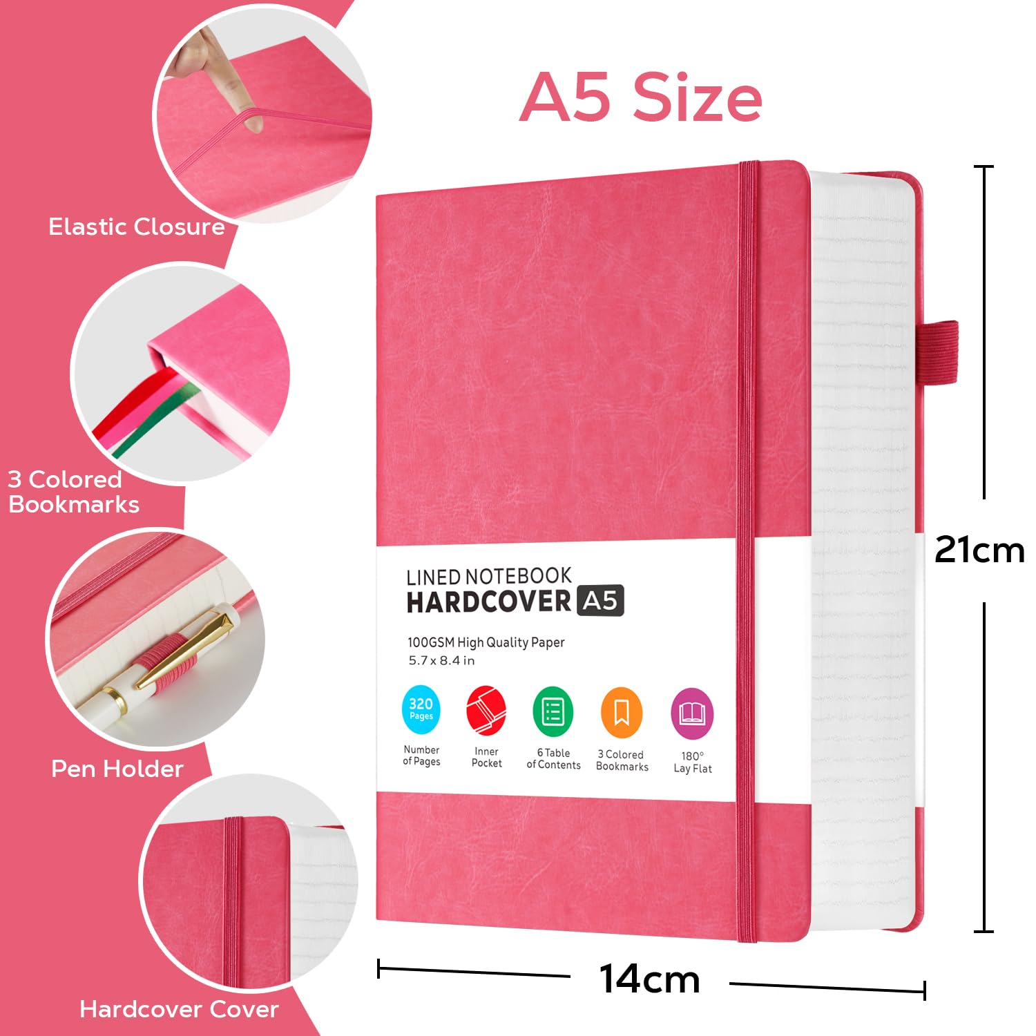 FOCUS DAY Notizbuch A5 Liniert, Tagebuch Leder, Hardcover 320 Seiten Dickes Journal Notizblock für Erwachsene Arbeit, Schreiben, Notizen, Lernen, Reisen, 14 x 21 cm, Rosa
