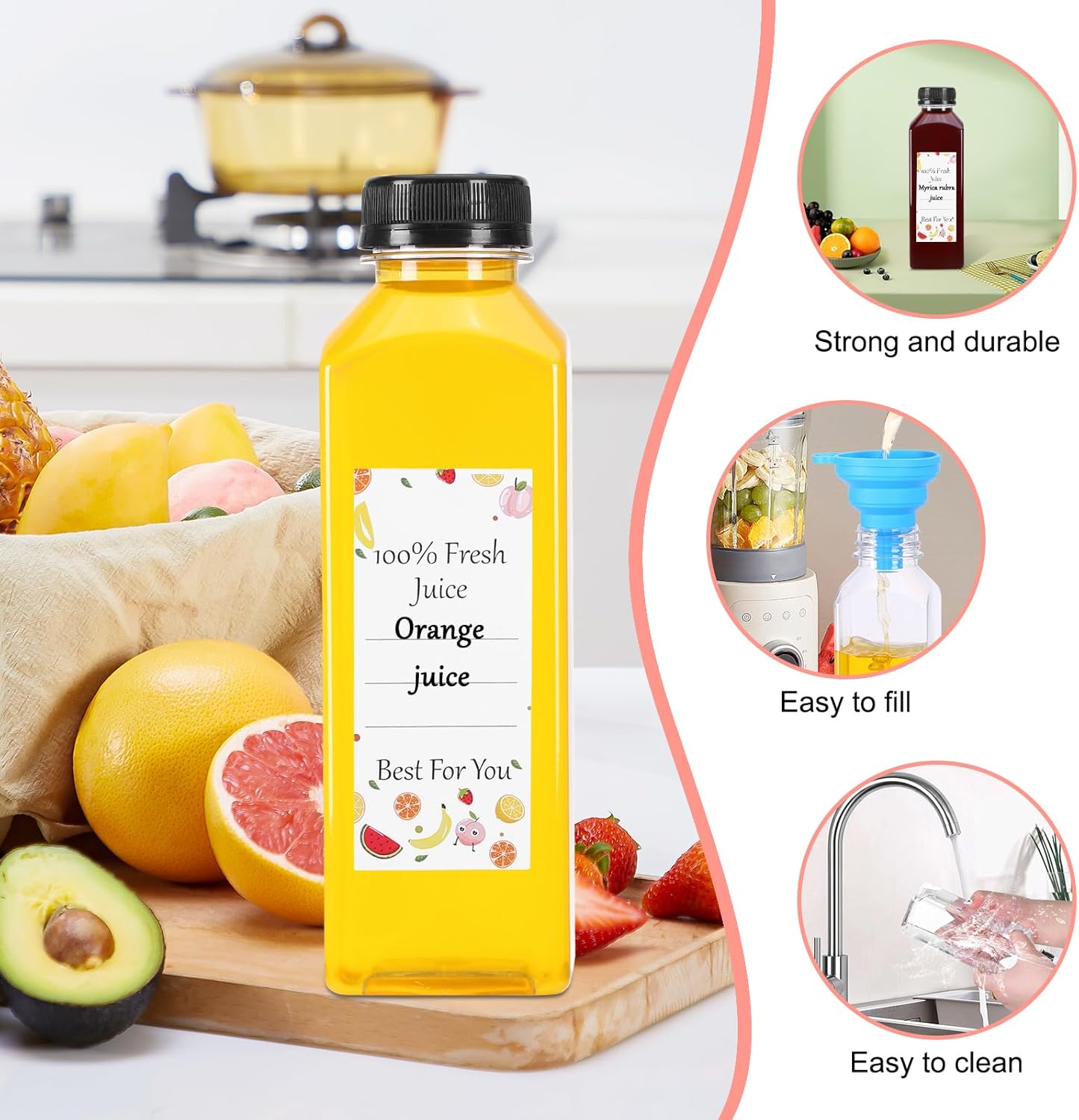 40pcs 16oz Empty Plastic Juice Bottles- Clear Homemade Juicing Drinks Containers with Black Tamper Proof Lids for Juicing, Smoothie,Drinking,Reusable Beverages Bottles