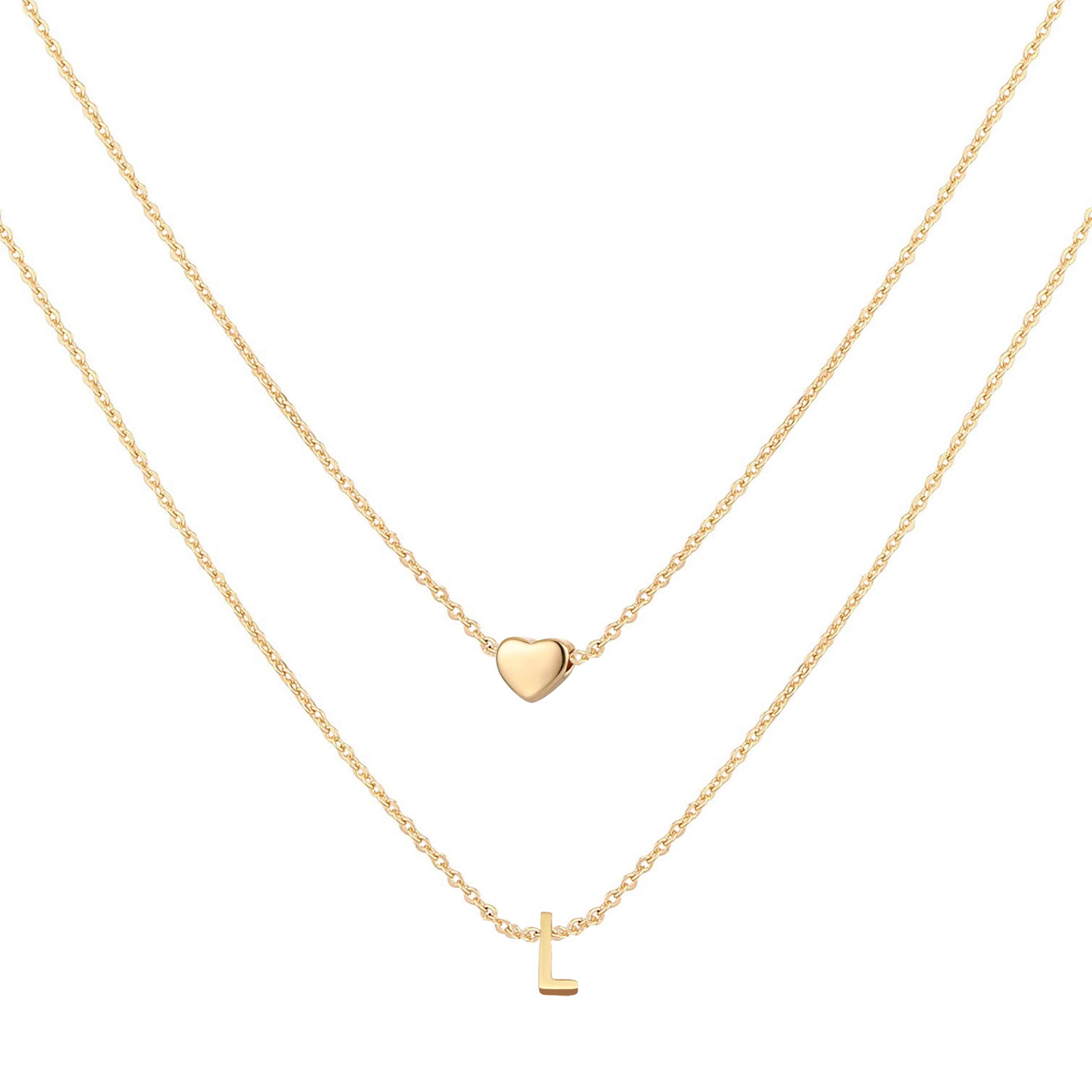 MOMOLMOMOL 18K Gold Plated Stainless Steel Layered Heart Initial Necklace Personalized Tiny Letter Choker Necklace Monogram Name Necklace for Women