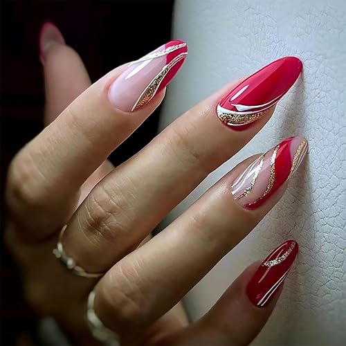 Uñas postizas a presión de color rojo vino brillante, uñas postizas largas de almendra, uñas postizas onduladas doradas irregulares con pegamento en