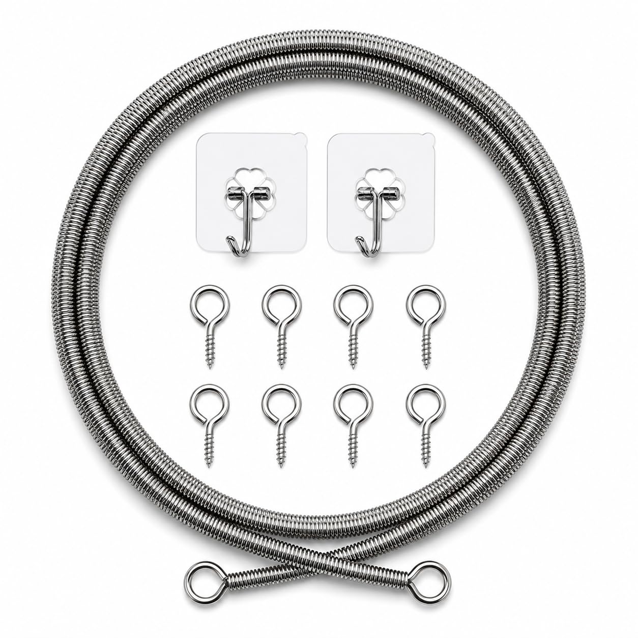 MENVY Homes Curtain Spring Wire Kit with 2 Self-Adhesive Hooks & 10 Eye Screws | Stainless Steel Hanging Cable for Net & Sheer Curtains (1 Metre)-image-8