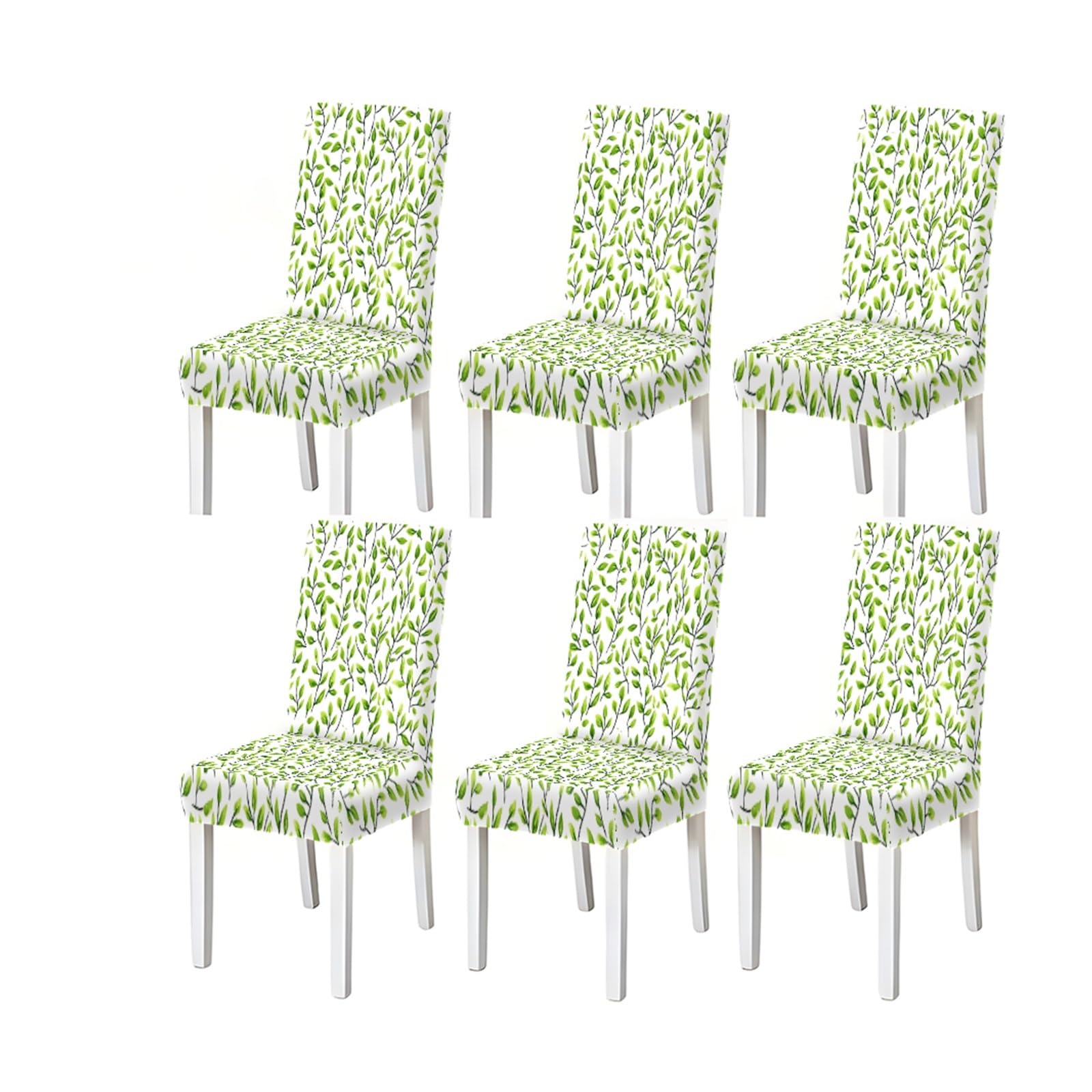 Green Leaf Chair Covers Set Of 2/4/6, Stretch Dining Chair Slipcovers, Fresh Botanical Farmhouse Home Decor Removable Stretch Slipcovers for Dining Chairs(6PCSChair cover)