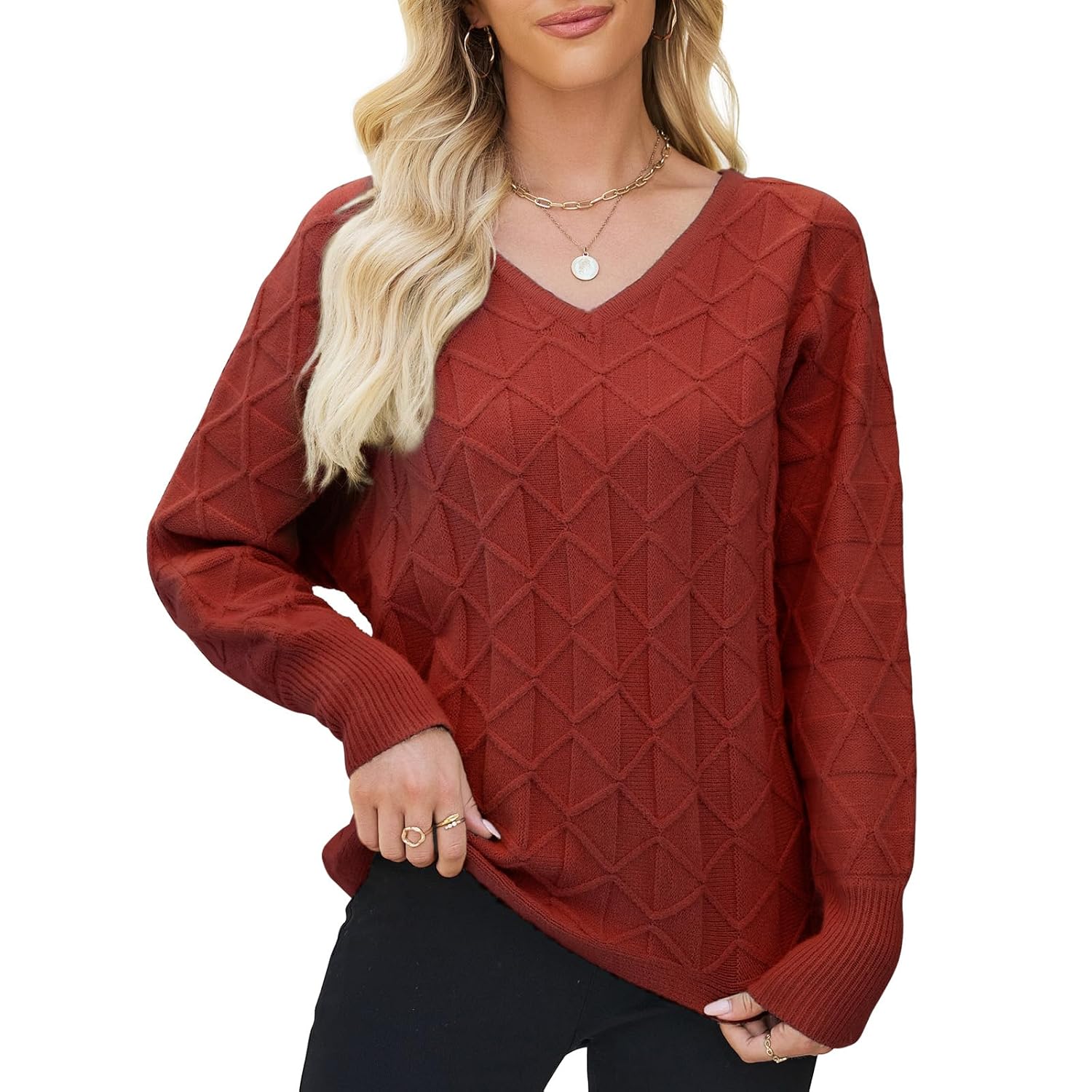 Women Sweater Chunky Cable Knit V Neck Long Sleeve Winter Thick Diamond Sweaters Loose Solid Jumper Pullover