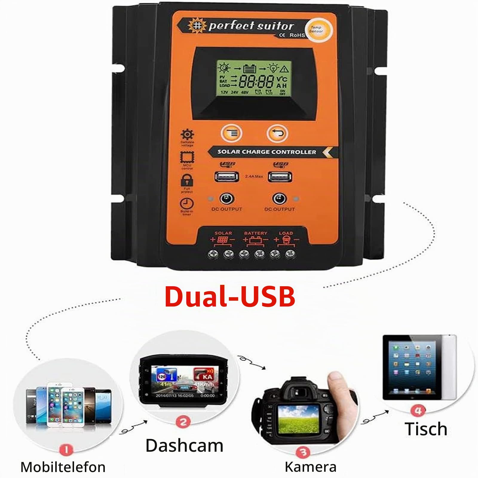 MPPT Solarregler, 12V / 24V LCD Display Solar Laderegler mit Dual USB Port Automatische Identifizierung Systemspannung(70A)