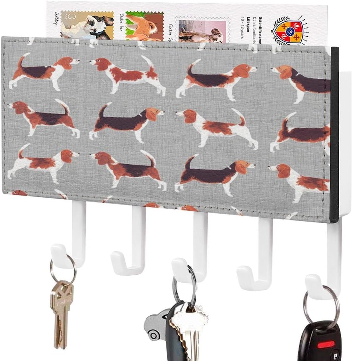 Key Holder Wall Mount Key Hanger with 5 Hooks, Decorative Key Rack | Beagle Patterns Hanging Key Hooks with Mail Organizer for Wall Living Room Kitchen Bathroom Hallway