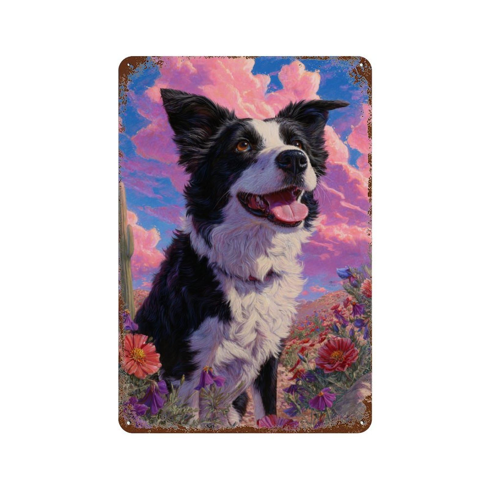 Border Collie in Wildflowers -1 Rust Effect Tin Sign 11.8"x7.9", Rustic Home Decor for Cafe, Home Bar And Lounge Decor