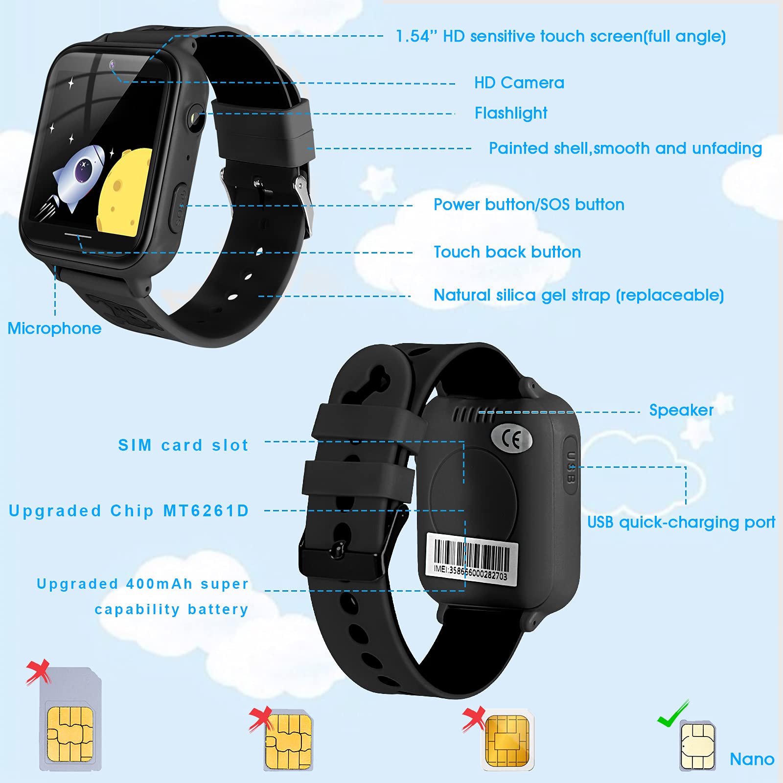 OKYUK 4G Smartwatch Kinder mit Telefon und GPS, Videoanrufe/Voice Chat/SOS/Schulmodus/SMS/Wecker, Kinder Smartwatch mit Schrittzähler Schlafen, Geschenk für Mädchen Junge (A2 Schwarz)