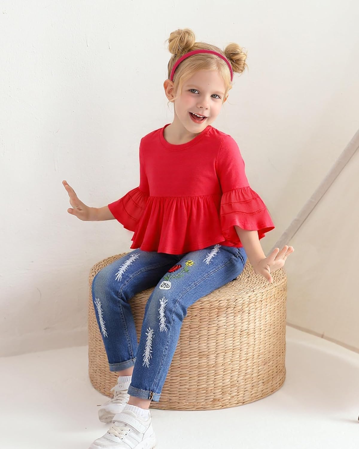 NZRVAWS Baby Girl Clothes Toddler Girl Outfits Infant Ruffle Shirt Denim Ripped Jeans Cute Clothing Set - Image 4