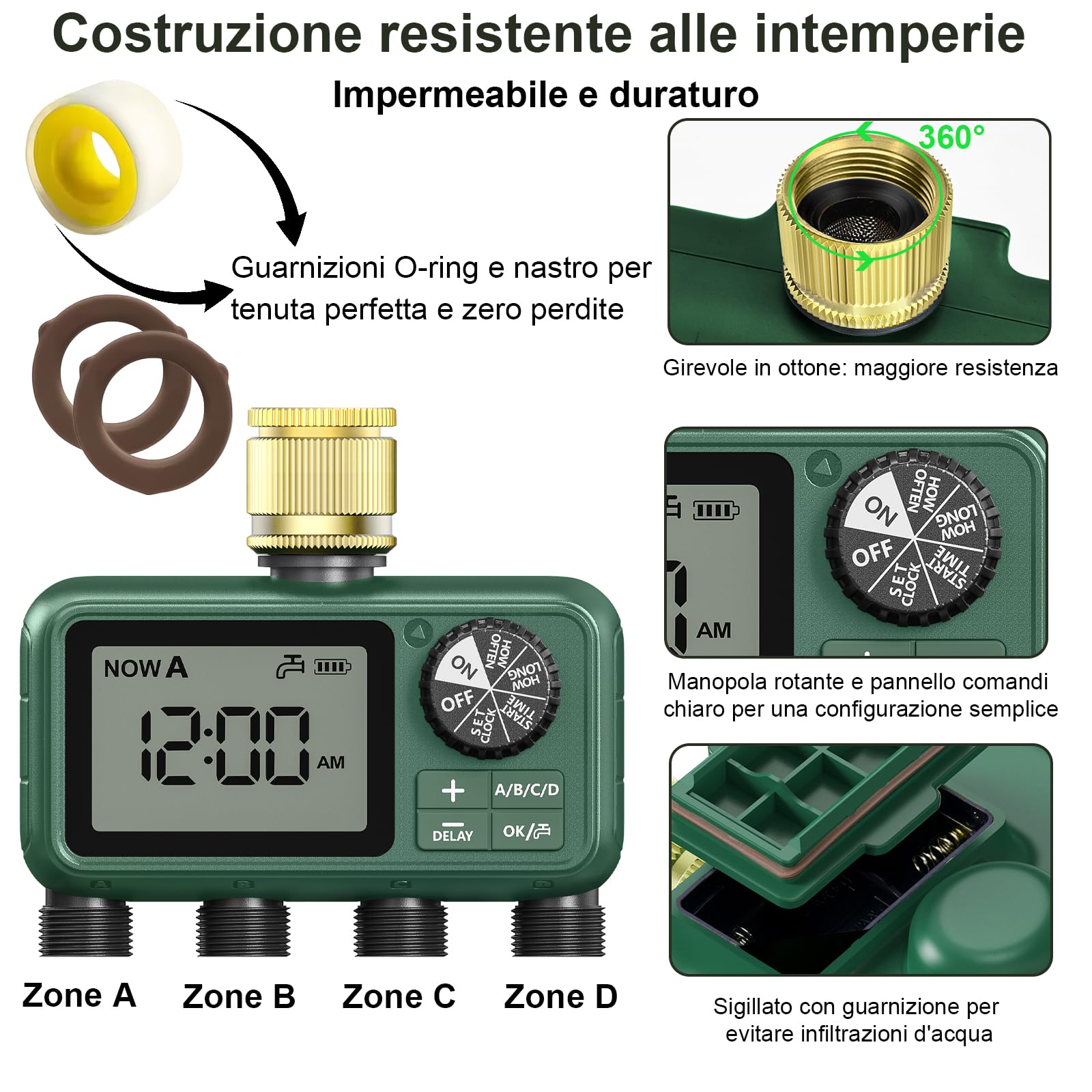 Centralina Irrigazione 4 Vie con Ingresso in Ottone, Grande Display LCD, Computer Giardino Irrigazione Timer, Timer Irrigazione Automatica con Ritardo Pioggia per Automatica e Manuale per Prato