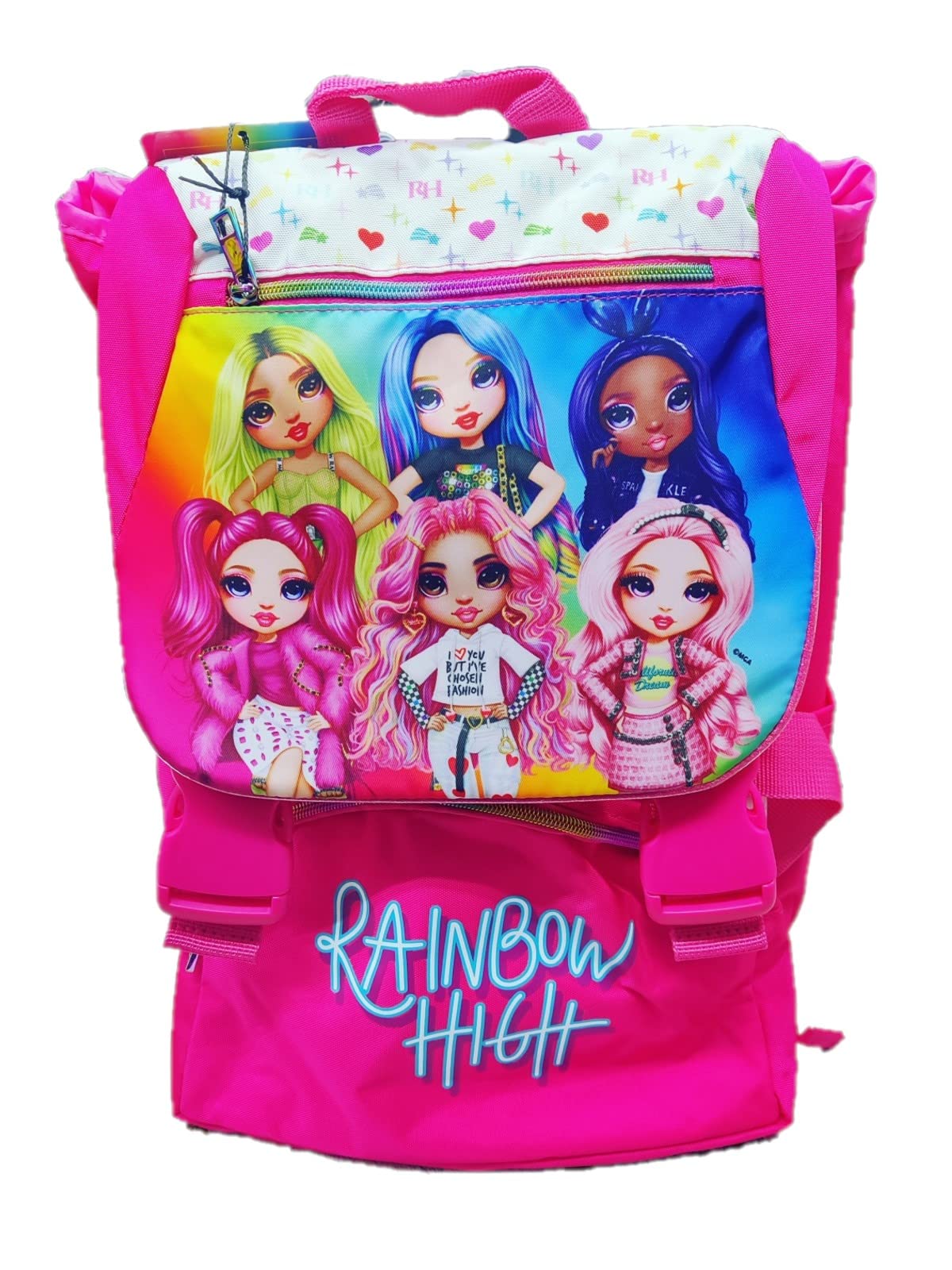 Schoolpack Zaino Rainbow High Estensibile 40x29x14 cm + Astuccio 3 Zip Completo + Portachiavi Paillettes e Braccialetto Amicizia in Omaggio