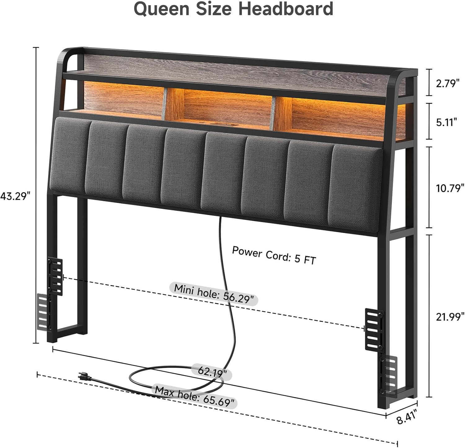 Queen Size Headboard with Outlets, Upholstered Ergonomic Headboard with 2-Tier Storage, LED Light, Queen Head Board Only, Height Adjustable, Sturdy and Stable, Black & Grey