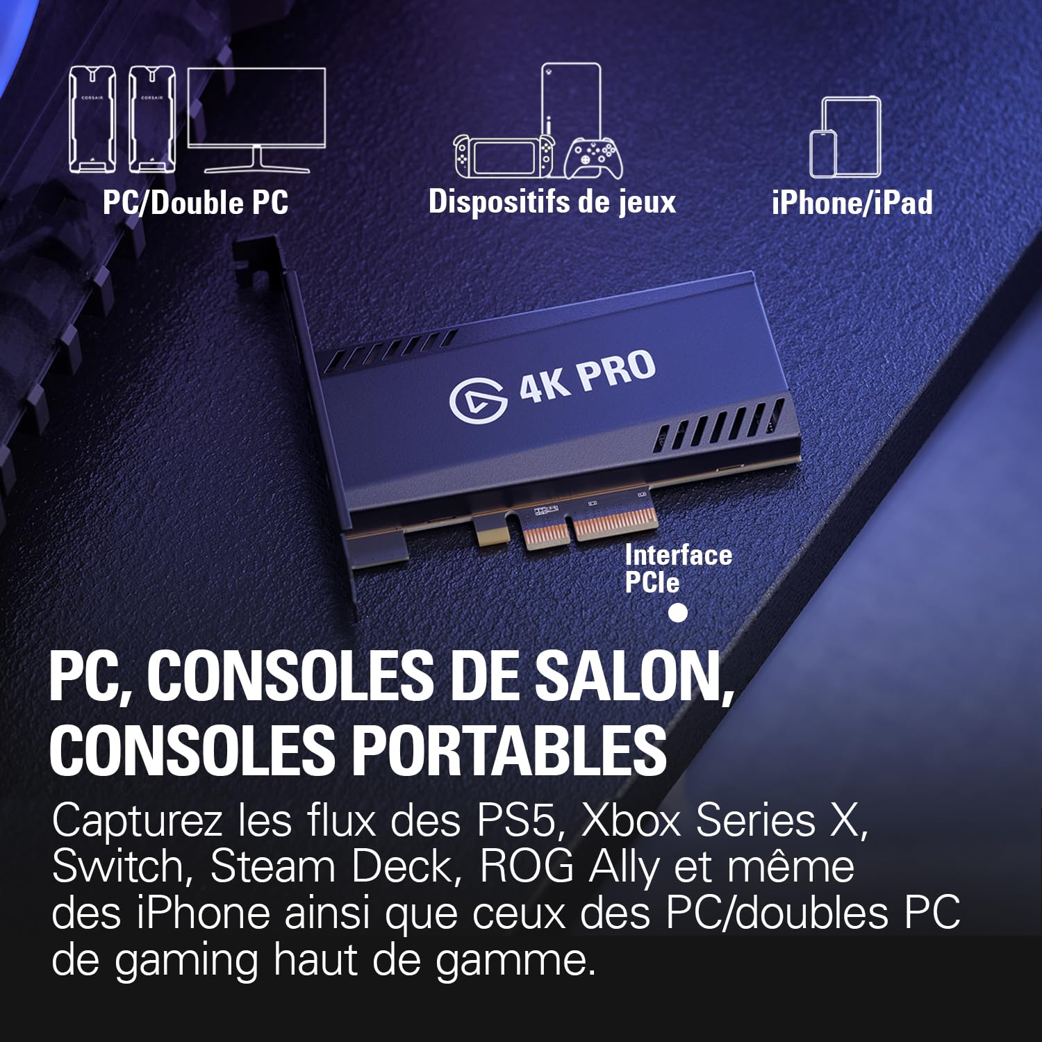 Elgato 4K Pro, carte d’acquisition interne, Passerelle 8K60/4K60 HDR10, latence ultra-basse sur PS5/Pro, Xbox Series X/S, OBS et plus encore, pour le streaming, PC Windows et double PC