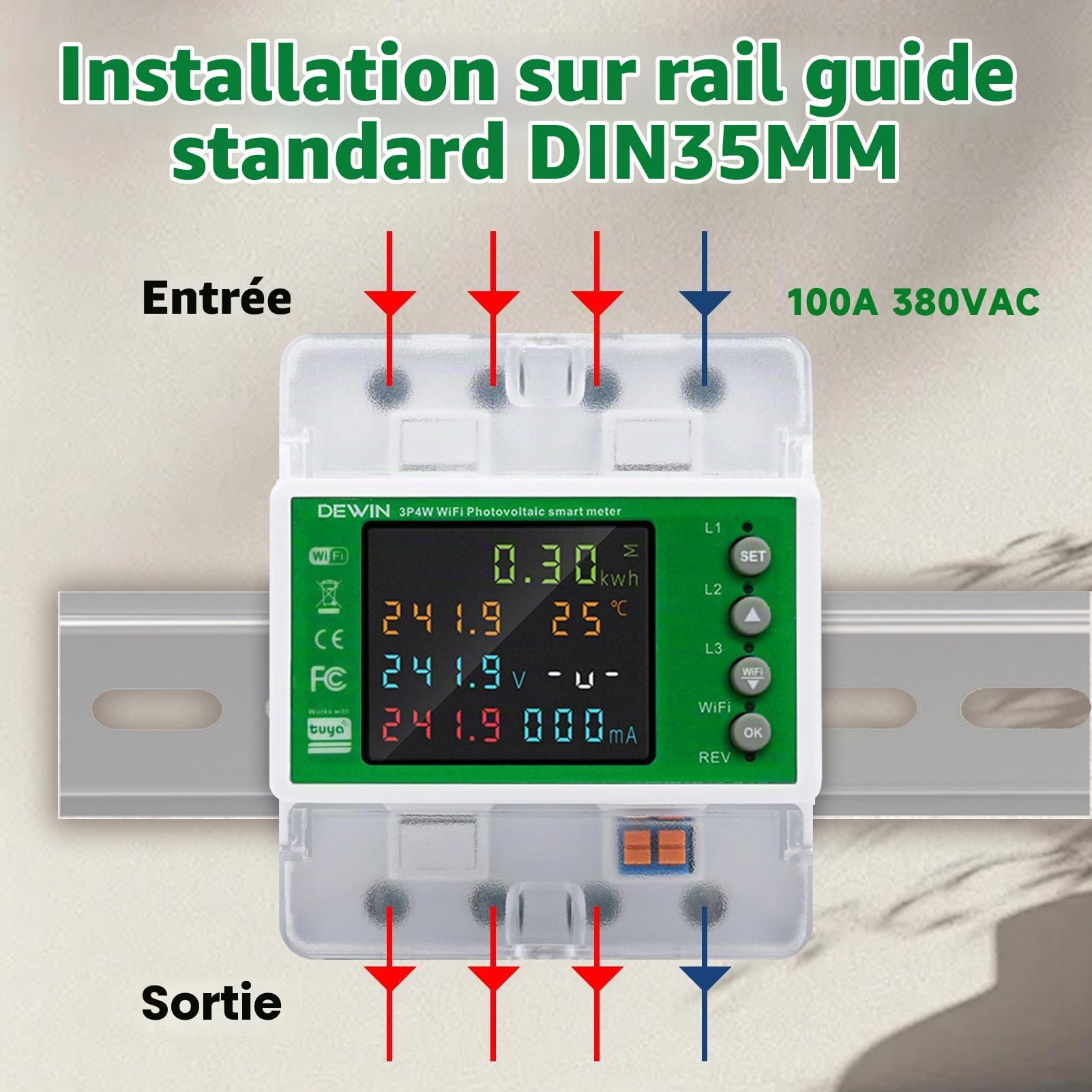 Compteur Electrique Triphasé WiFi, 4P 380V AC Interrupteur d'alimentation Intelligent, Compteur Electrique Triphasé Connecté avec application Tuya, 100 A