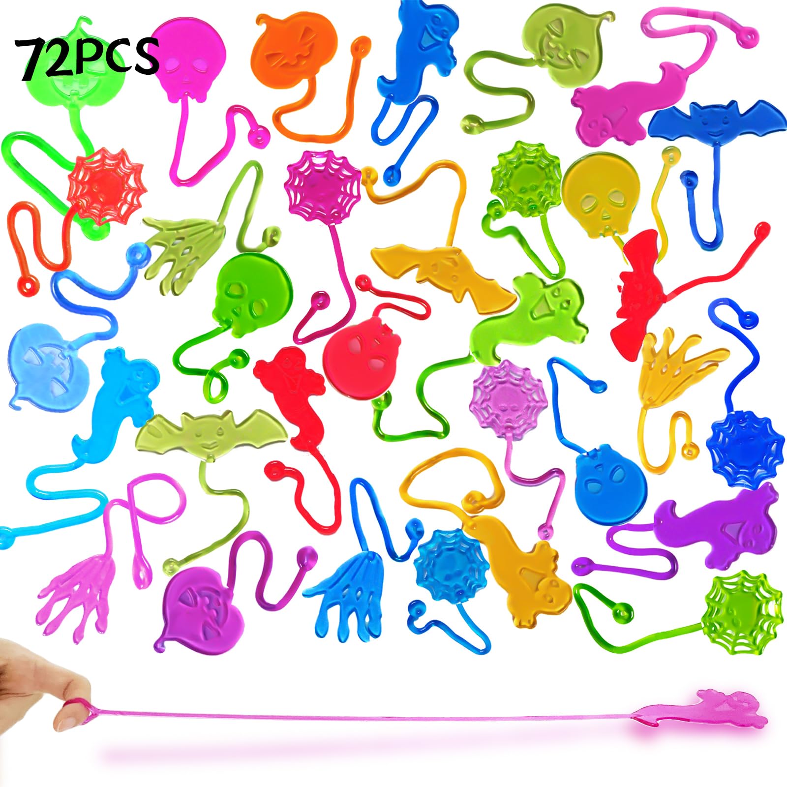 72 pcs Halloween Sticky Hands Toys for Kids Boys Girls, Spider Web Skull Bat Stretchy Sticky Toys For Goodie Bags, Pinata Fillers, Classroom Prizes, Halloween Trick or Treat Party Favors Gifts