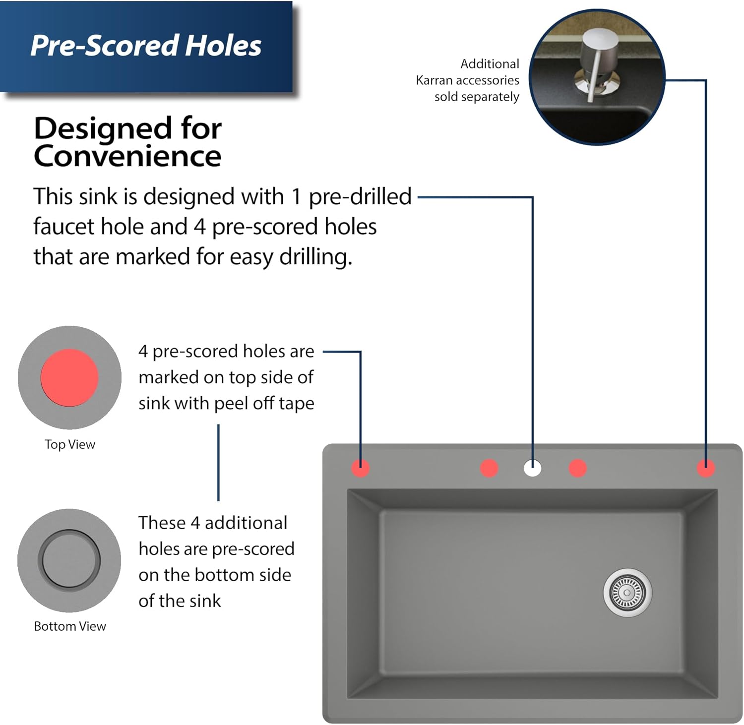 Karran Drop-In/Top Mount 33" Single Bowl Granite Quartz Composite Kitchen Sink Kit in Grey Right Side Drain, Sound Dampening, Extra Deep 9" Basin, Heat & Scratch Resistant, with Grid & Strainer