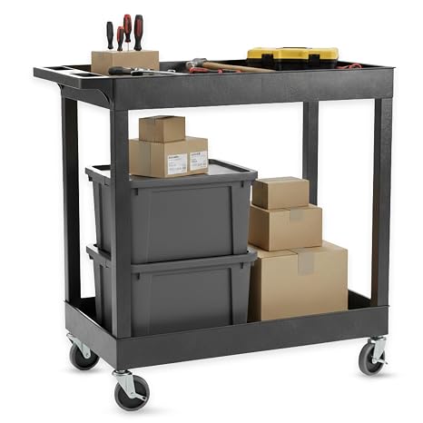 Luxor 32 x 18 Tub Storage Cart 2 Shelves - Black EC11-B | Heavy-duty HDPE plastic utility rolling station with 4 inch swivel casters; ideal for mechanic garage warehouse and office