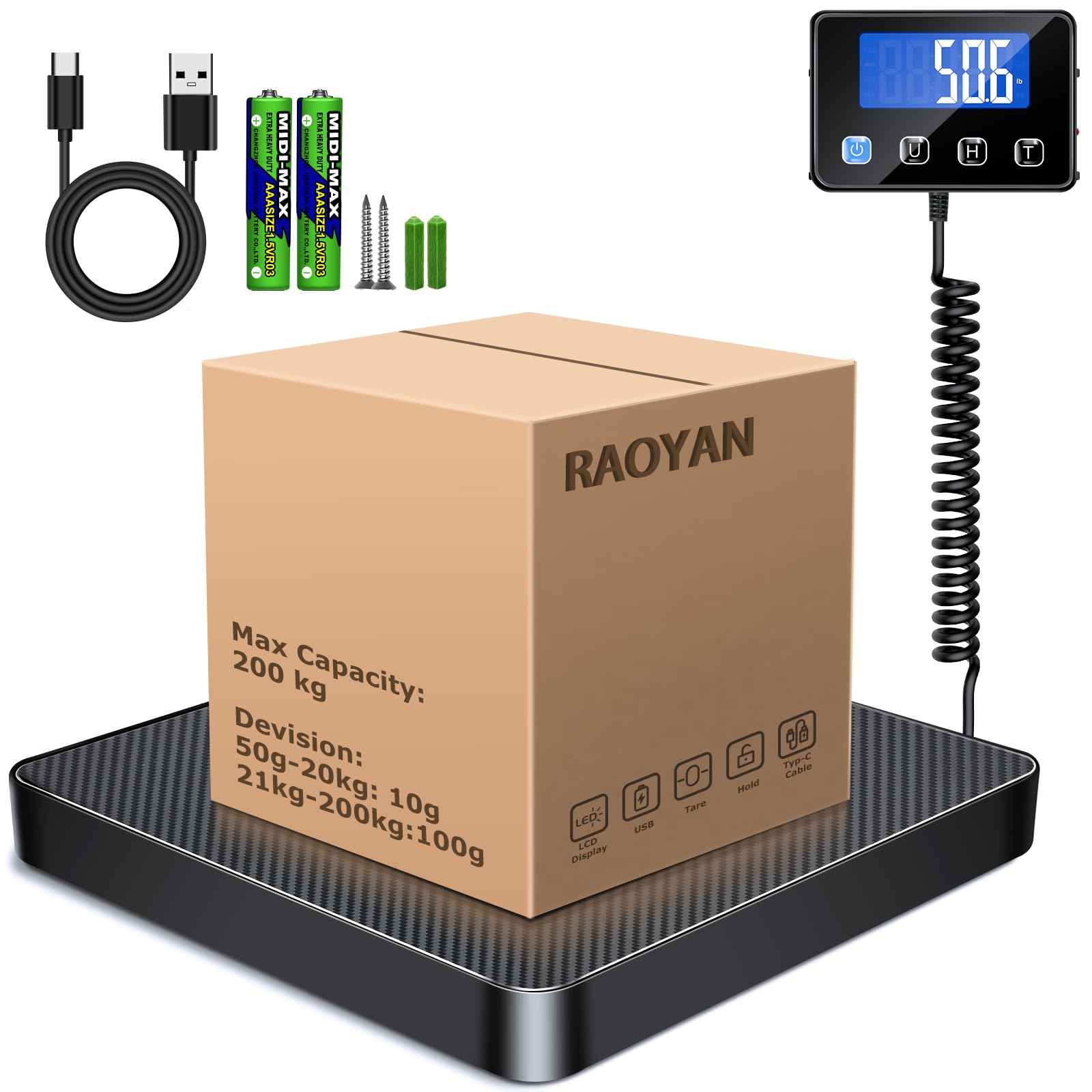 Balance Colis 200kg/10g Haute Précision Acier Inoxydable avec Fonction Hold Tara Écran LCD