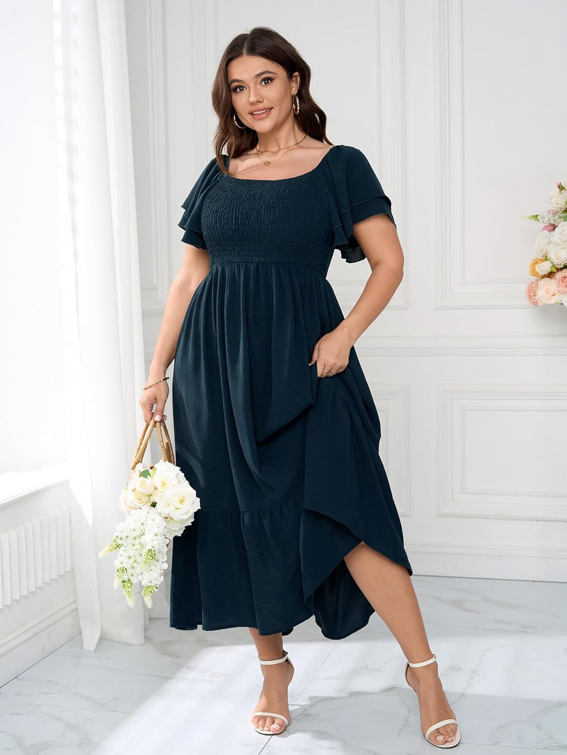 SCOMCHIC Women's Plus Size Maxi Dress Ruffle Sleeve Square Neck Smocked Flowy A-Line Wedding Guest Party Long Dresses - Image 2