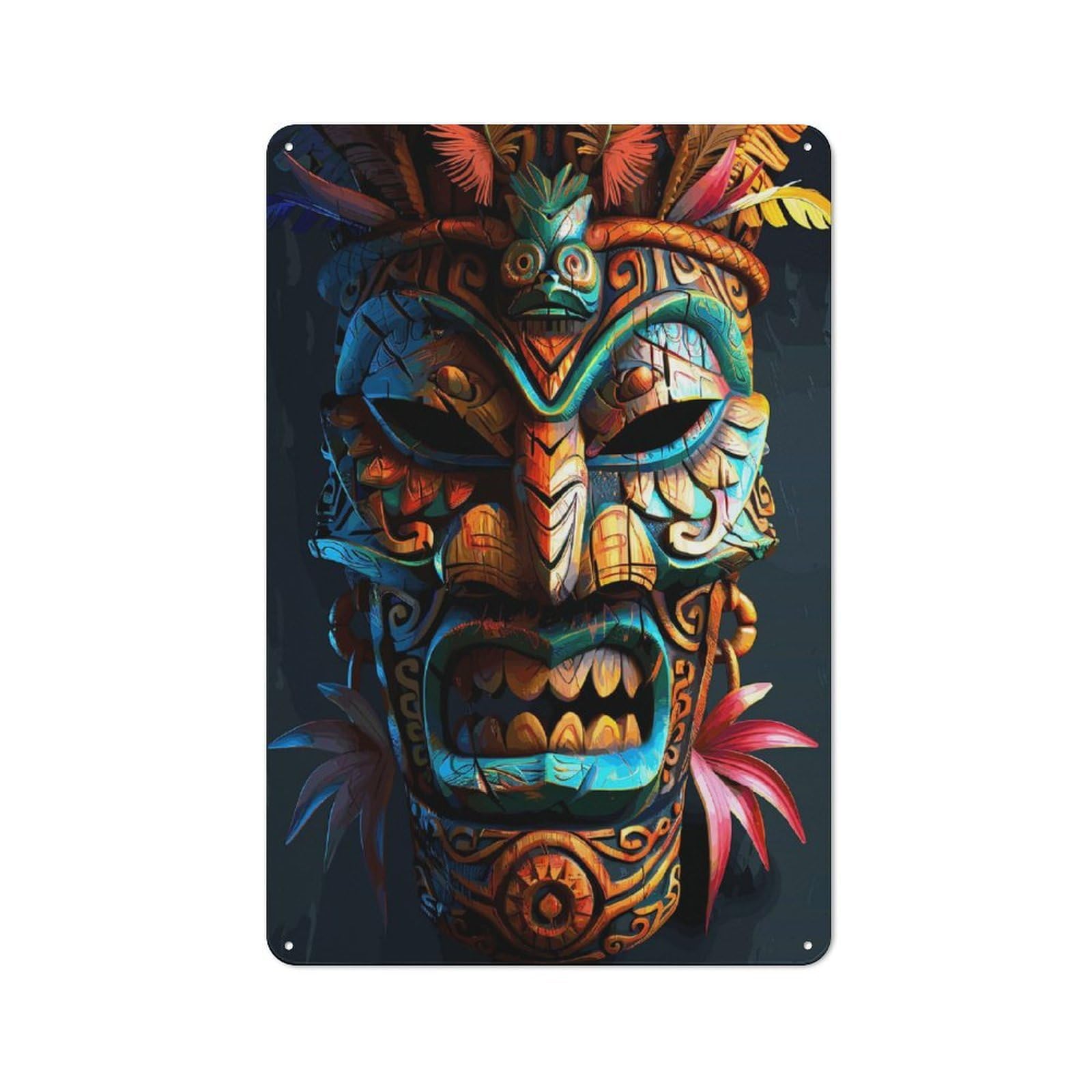 Junmoney Style-20 Tin Sign 30X20cm With Indigenous Tiki Tribe Mask For Hallway Wall, Rustic Decor, For Vintage Wall Decor Fans, For Garage And Workshop Walls