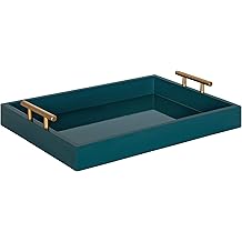 Kate and Laurel Lipton Mid Century Modern Decorative Wood Tray with Brushed Gold Metal Handles, Dark Teal