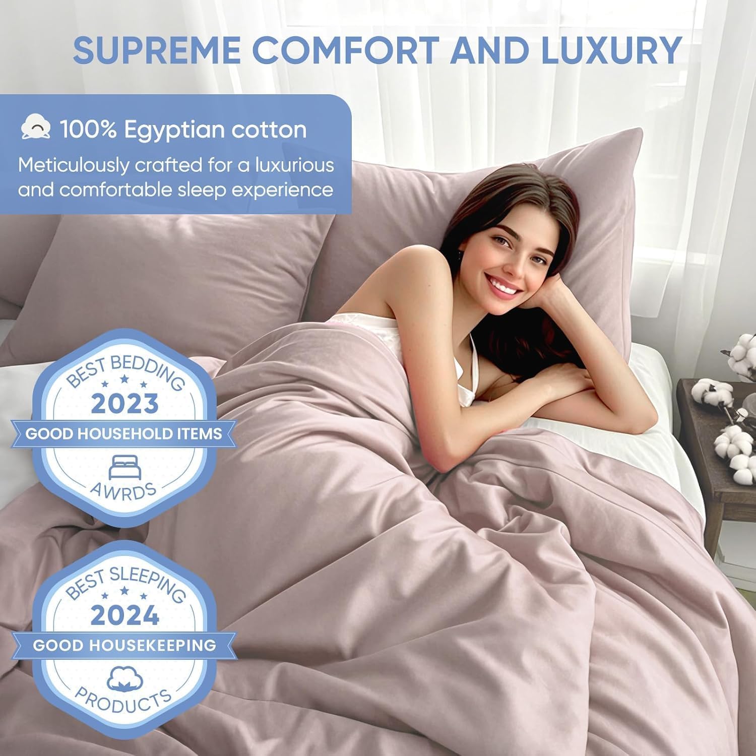 TWK 1200 TC 100% Egyptian Long-Staple Cotton Bedding Sheets Set, Luxury Hotel Style Deep Pocket with Elastic Reinforced Seams Sheet Set, Soft & Comfy Natural Sheets(Sand, Queen) image 2