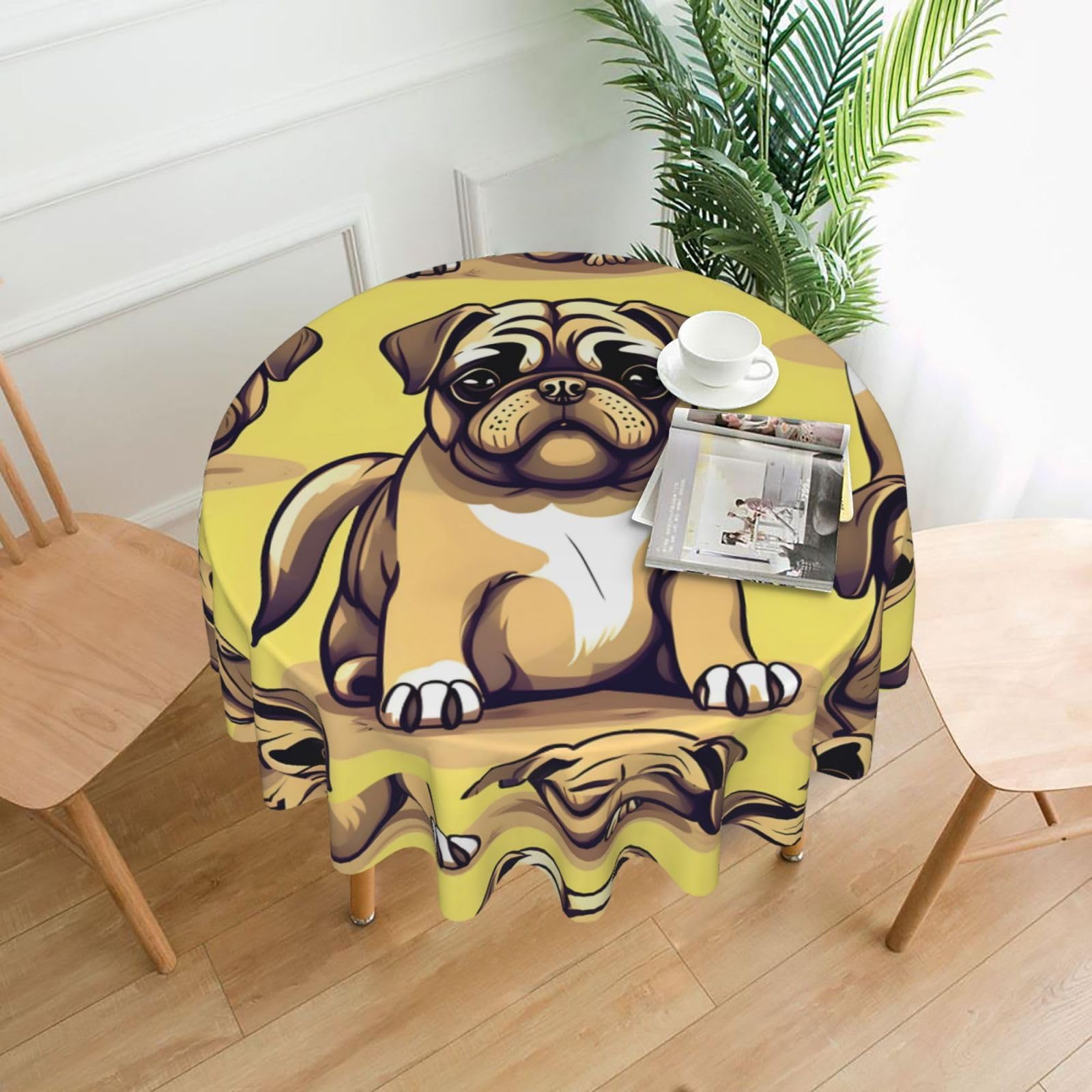 Nbtghga Funny Cartoon Pug Puppy Dog Print Tablecloth Round Border Table Cloth Cover Decorative For Party Holiday Dinning Tabletop Home