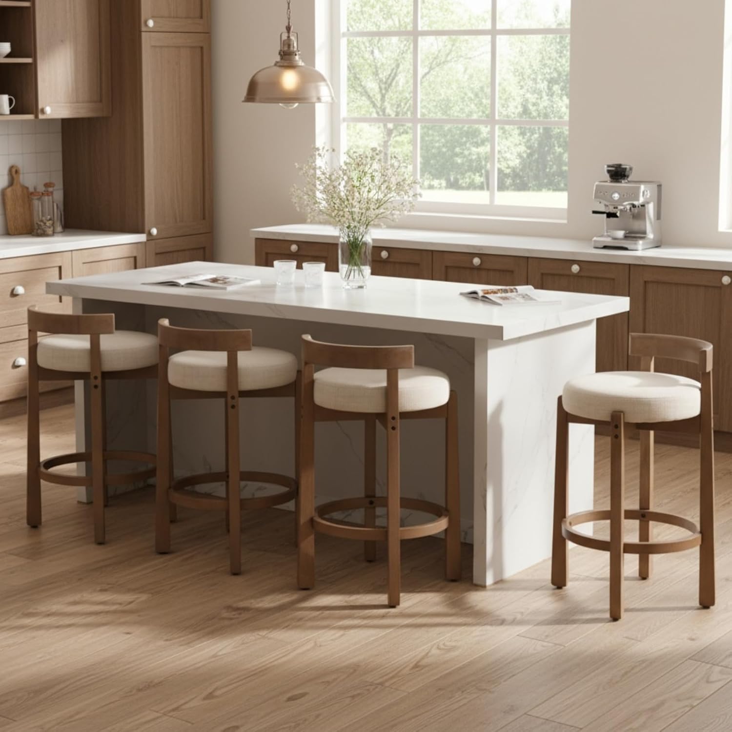 Ya-Home Mid-Century Bar Stools Set of 4, 26.5" Linen Counter Height Upholstered Stools with Solid Wood Legs, Beige for Kitchen Island