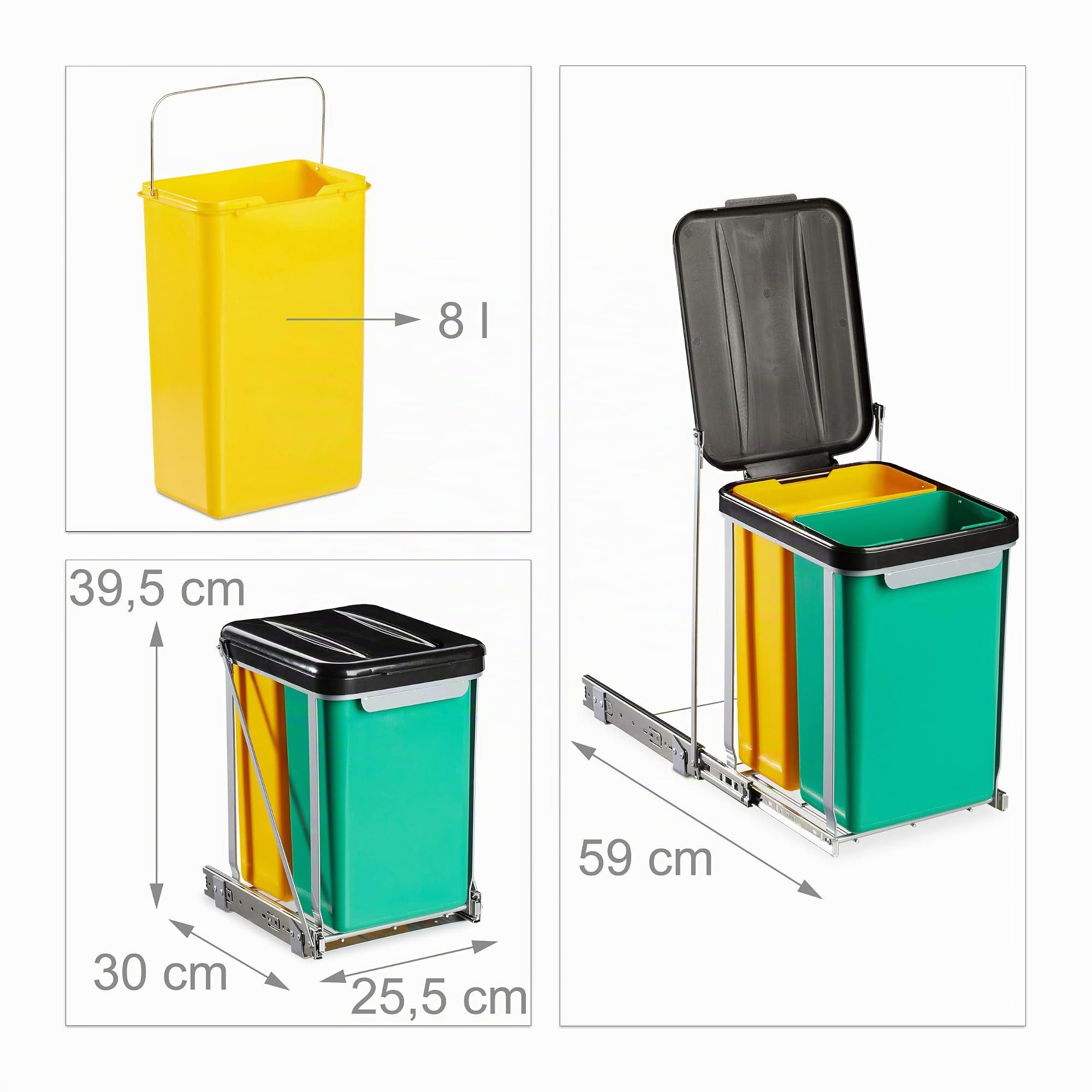 Relaxdays Pattumiera Estraibile ad Incasso, 2 Bidoni Raccolta Differenziata Sotto Lavello, 8 L, 39,5x30x25,5 cm, Nera