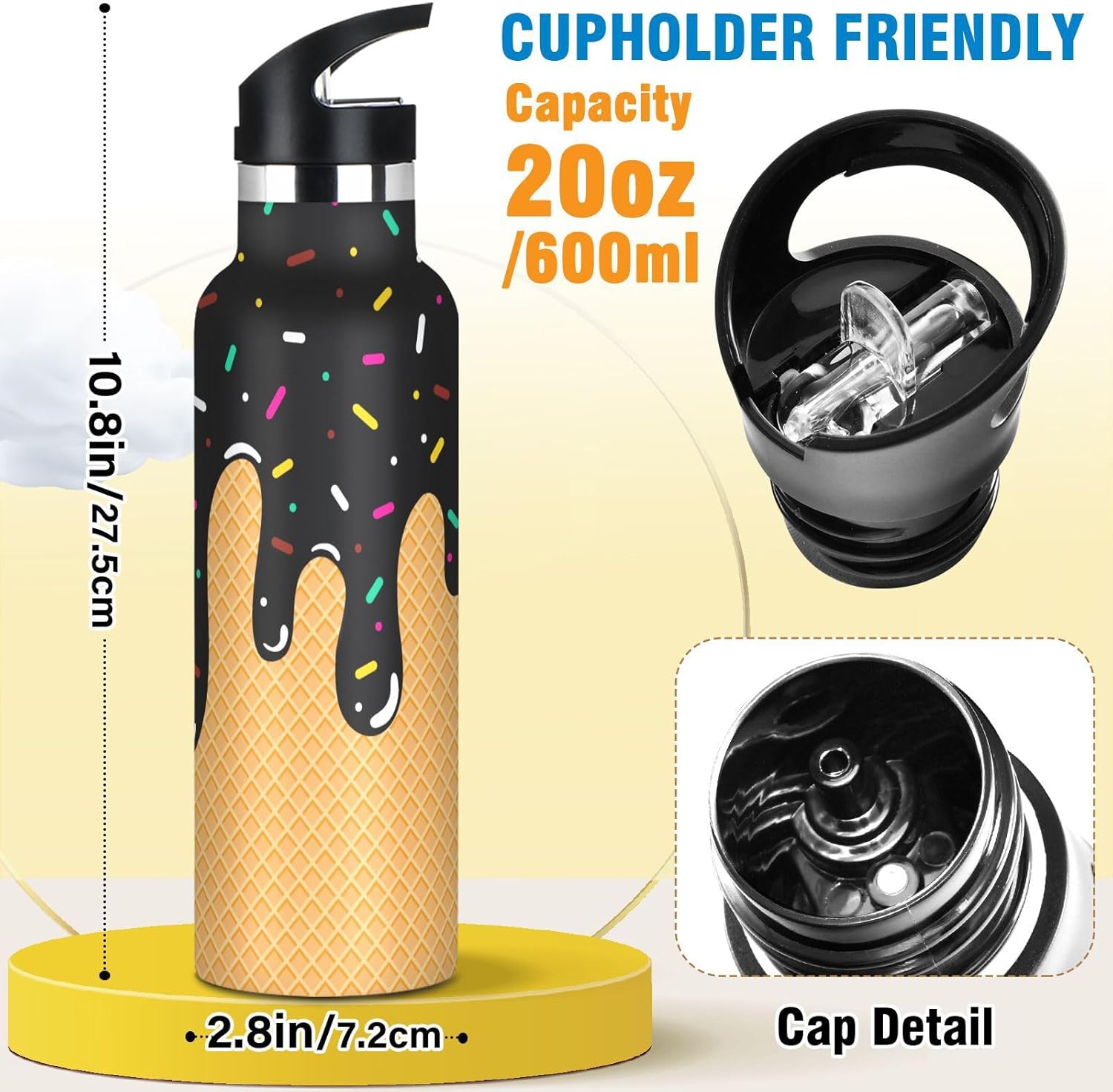 Black Ice Cream Cone Water Bottle with Straw Lid Kids Insulated Stainless Steel Water Flask Sports 20 Oz